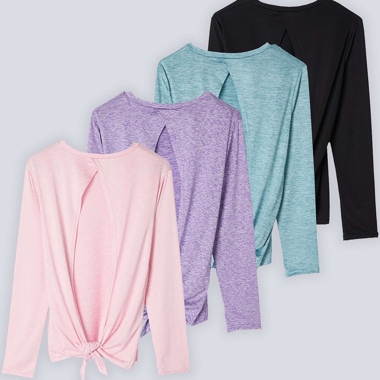 4 Pack: Women's Long-Sleeve Tie Back T-Shirt (Available in Plus Size)