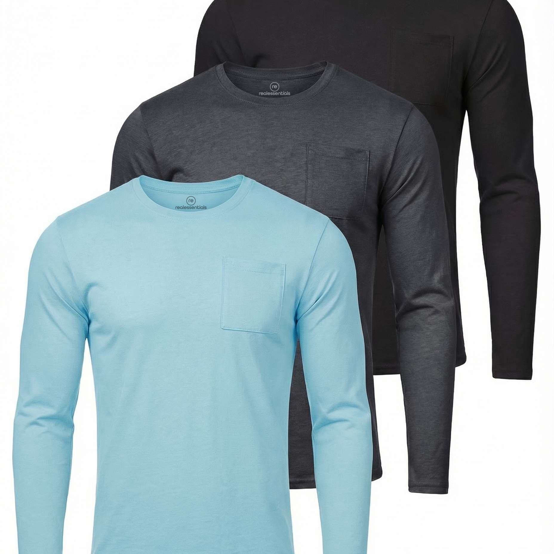 3 Pack: Mens Cotton Long Sleeve Crew Neck Pocket T-Shirt