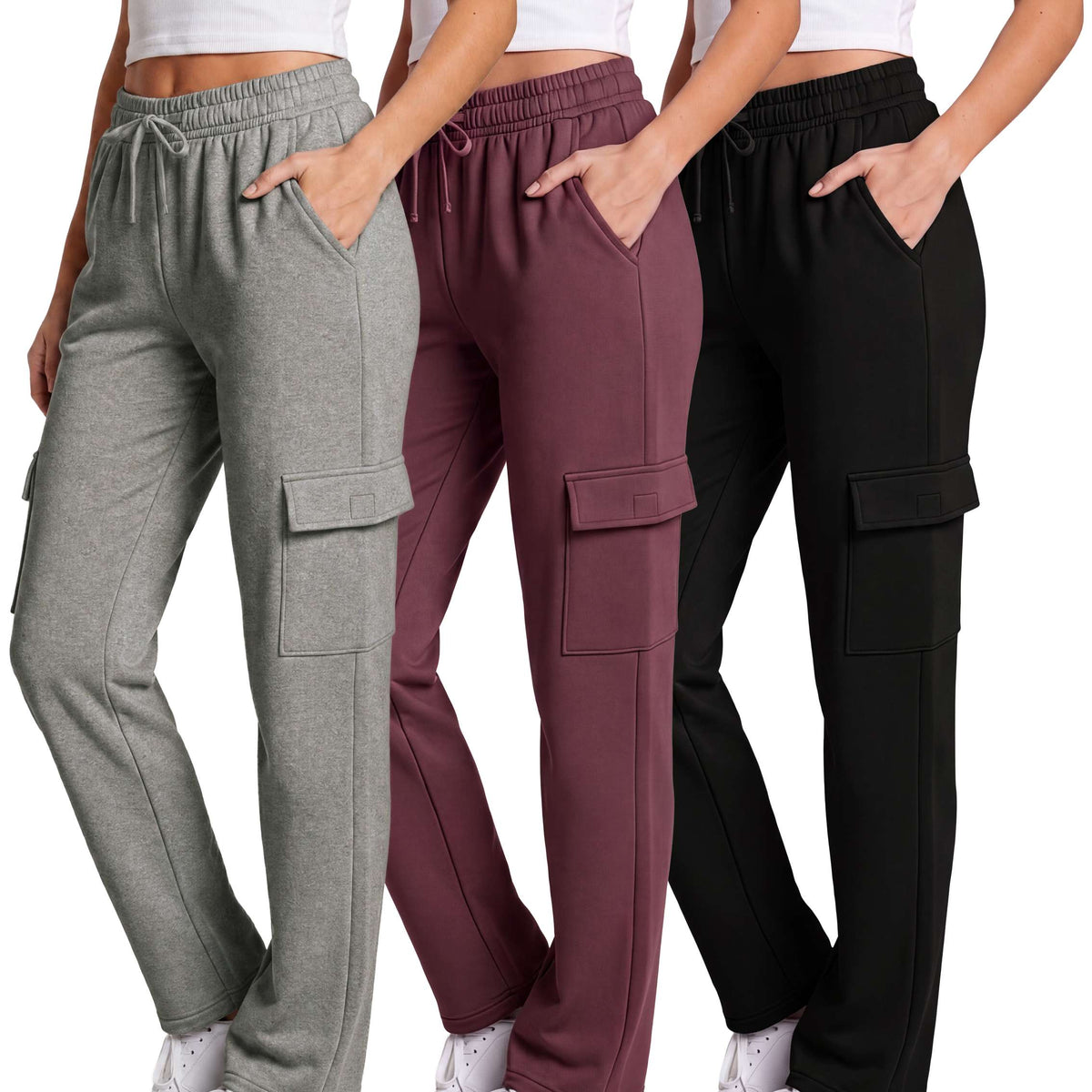 Real Essentials 3 Pack Women's Fleece Cargo Sweatpants Lounge Casual Sweat Pants Pockets - Solid Black, Solid Burgundy, Grey Heather