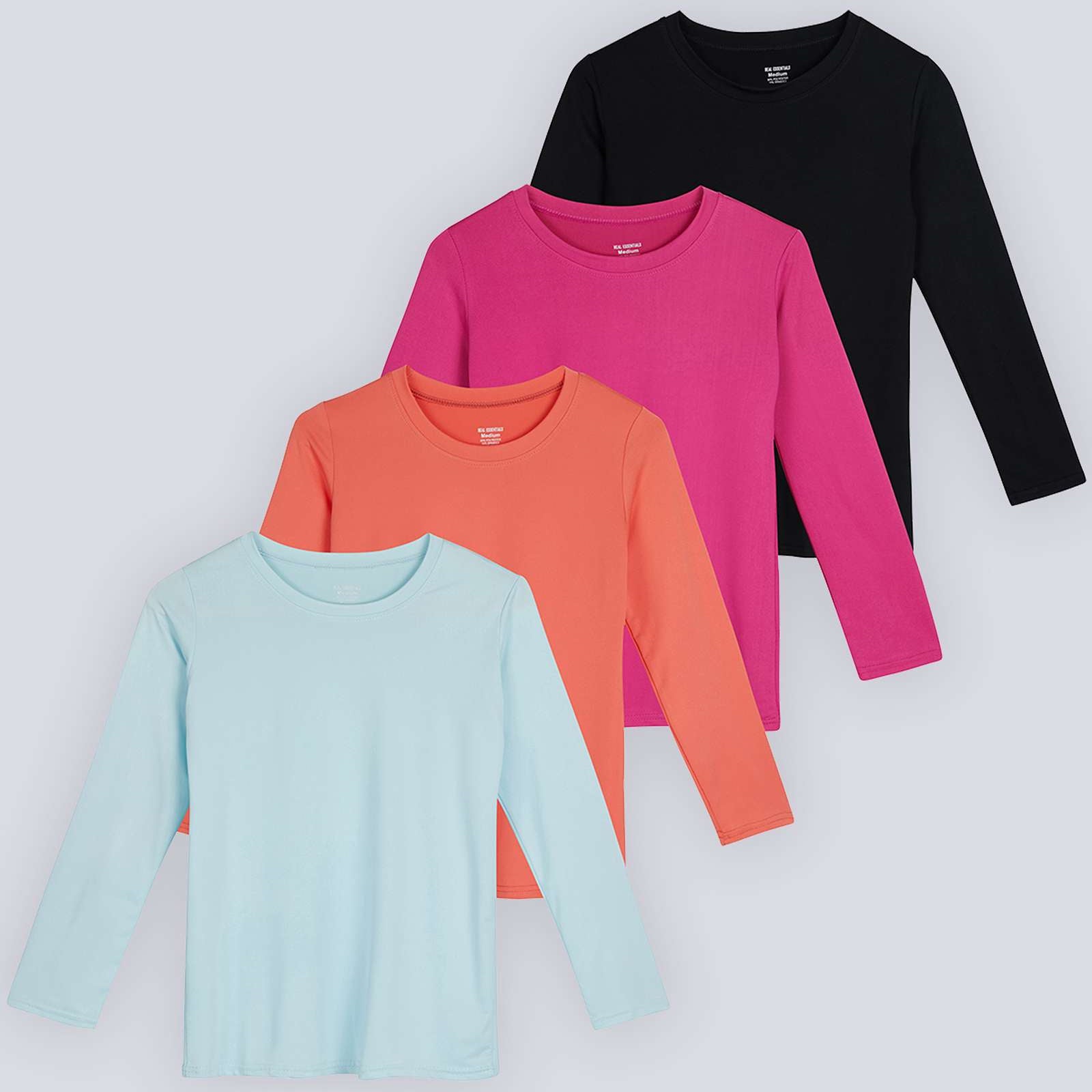 4 Pack: Girls Dry-Fit Long Sleeve Active Crew Neck T-Shirt