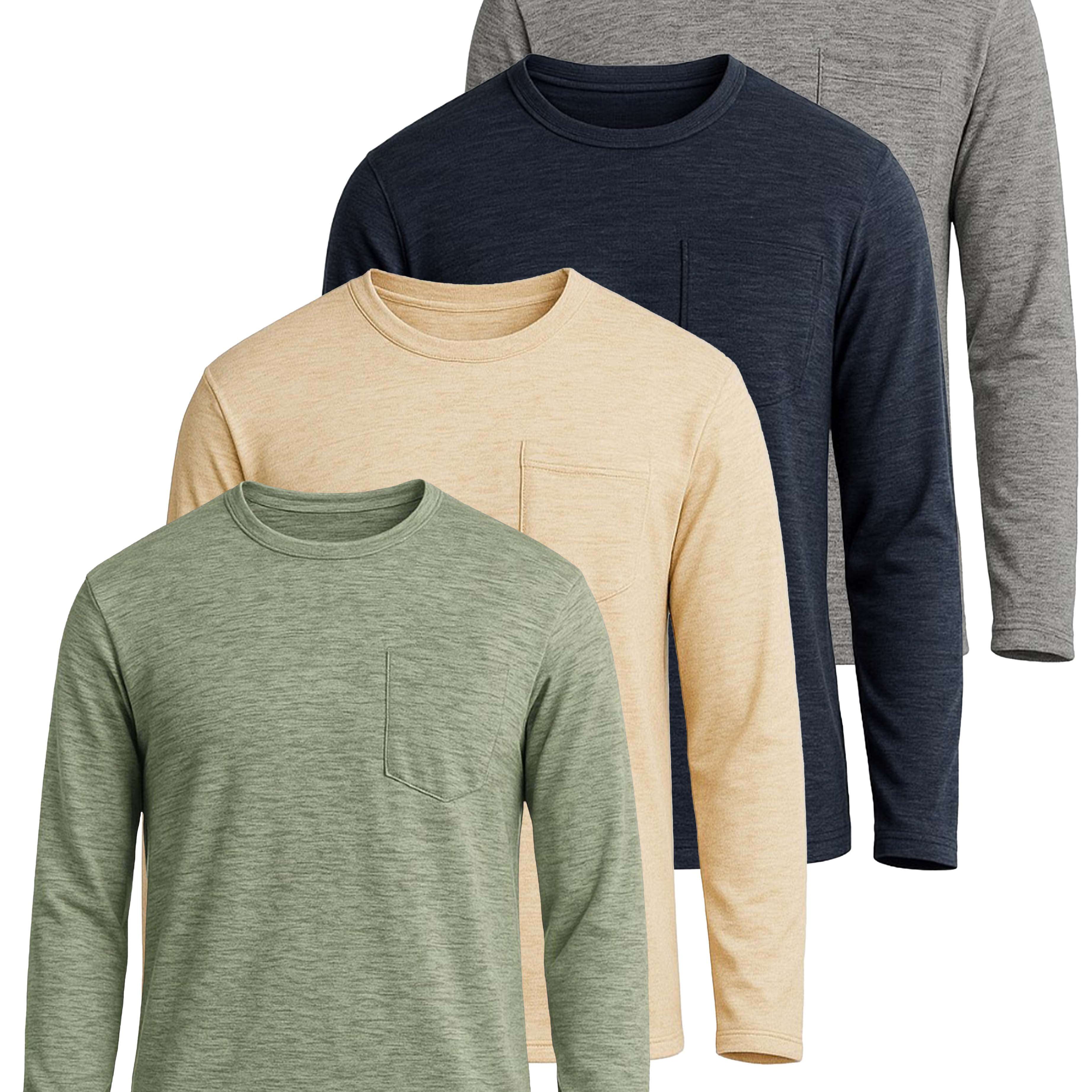 4 Pack: Mens Dry-Fit Long Sleeve Pocket Crew T-Shirt