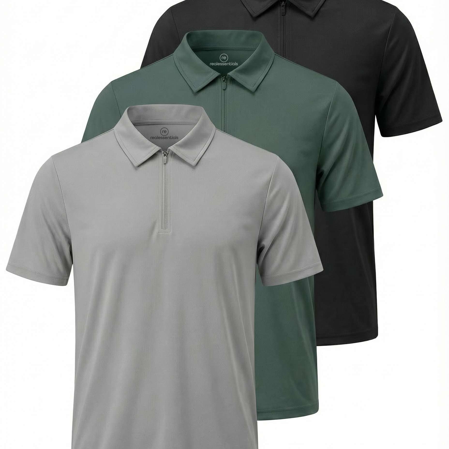 Real Essentials 3 Pack: Men's Polo Shirts Zipper Short Sleeve Dry Fit Quarter Zip Golf Athletic Workout Gym Collared