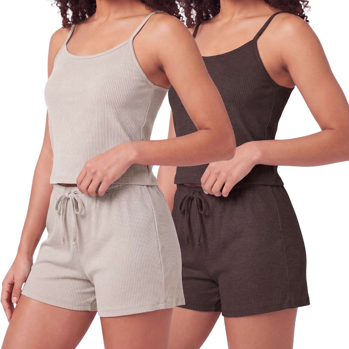 Real Essentials 2 Pack Women's Pajama Sets 2 Piece Ribbed Cropped Cami Shorts Sleepwear PJs - Solid Chocolate Torte, Solid Moonbeam