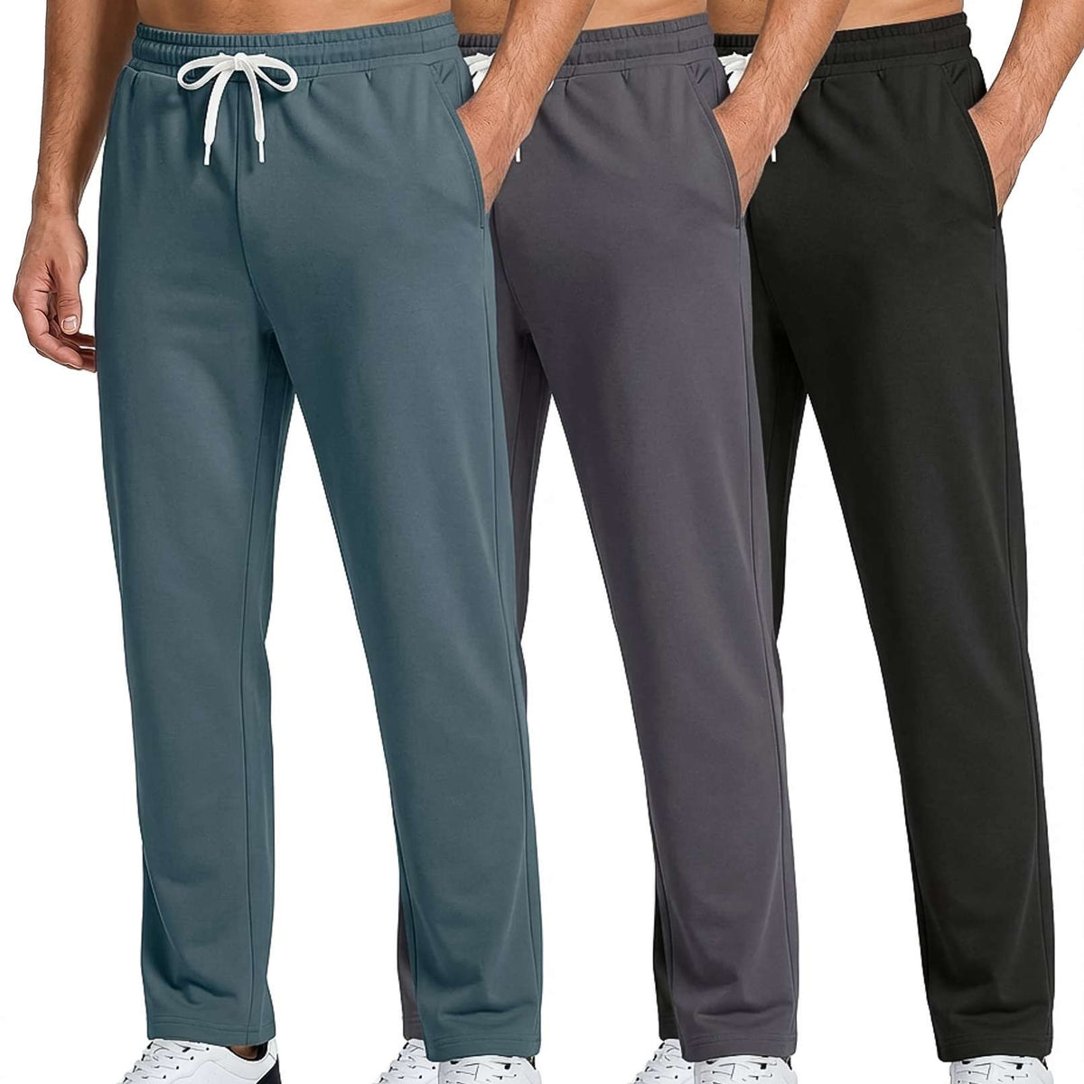 Real Essentials 3 Pack: Men's French Terry Open Bottom Sweatpants - Casual Lounge Comfort Gym with Pockets