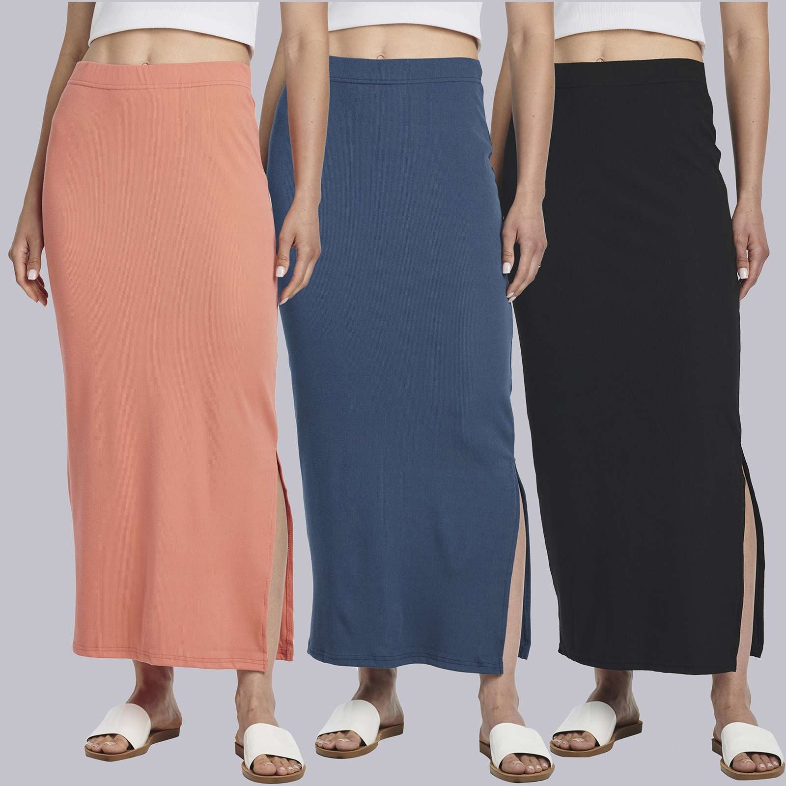 3 Pack: Women's Ribbed High Waisted Maxi Skirt