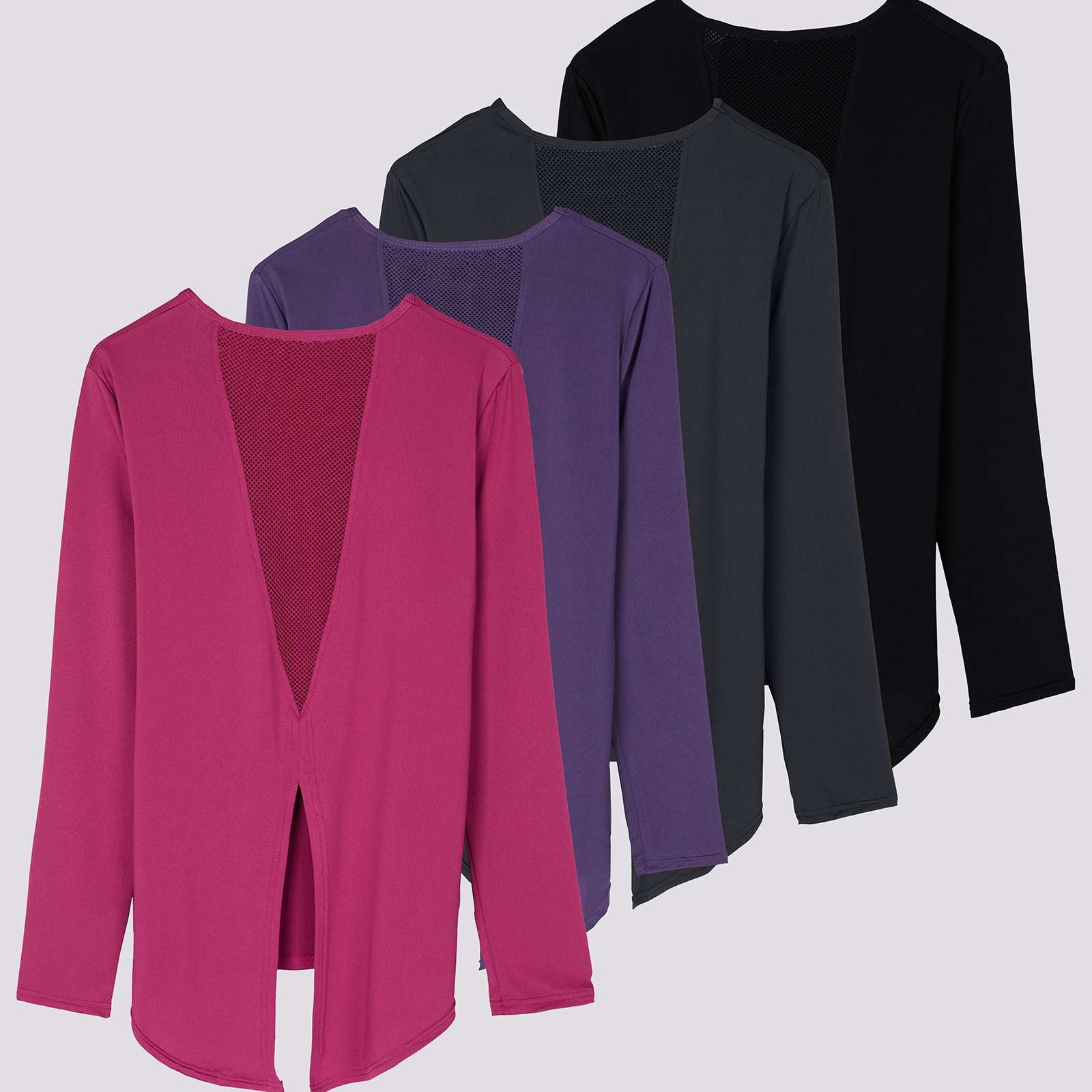 4 Pack: Women's Long-Sleeve Mesh Insert Tie Back Shirt (Available in Plus Size)