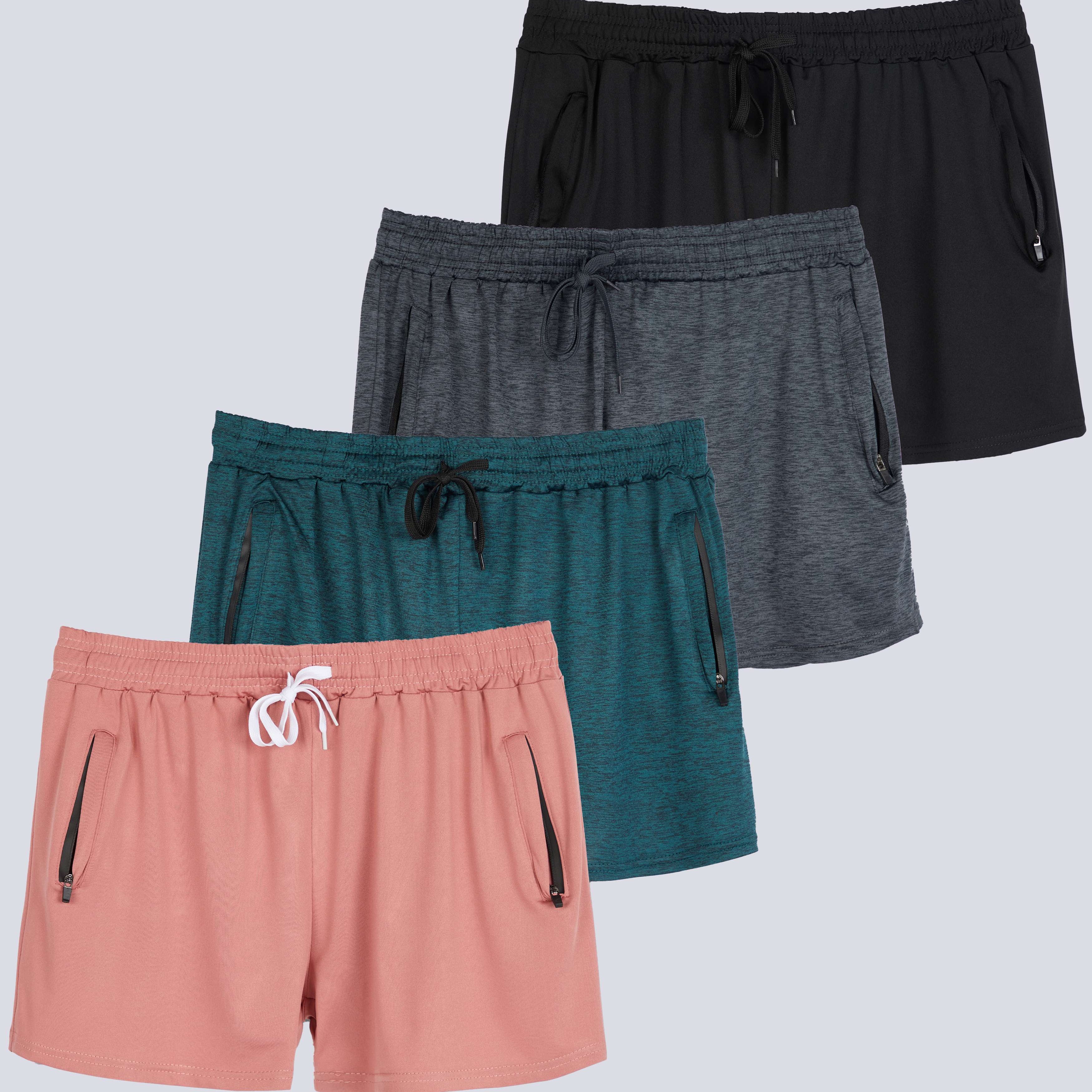 4 Pack: Womens Active Dry-Fit Shorts with Zipper Pockets