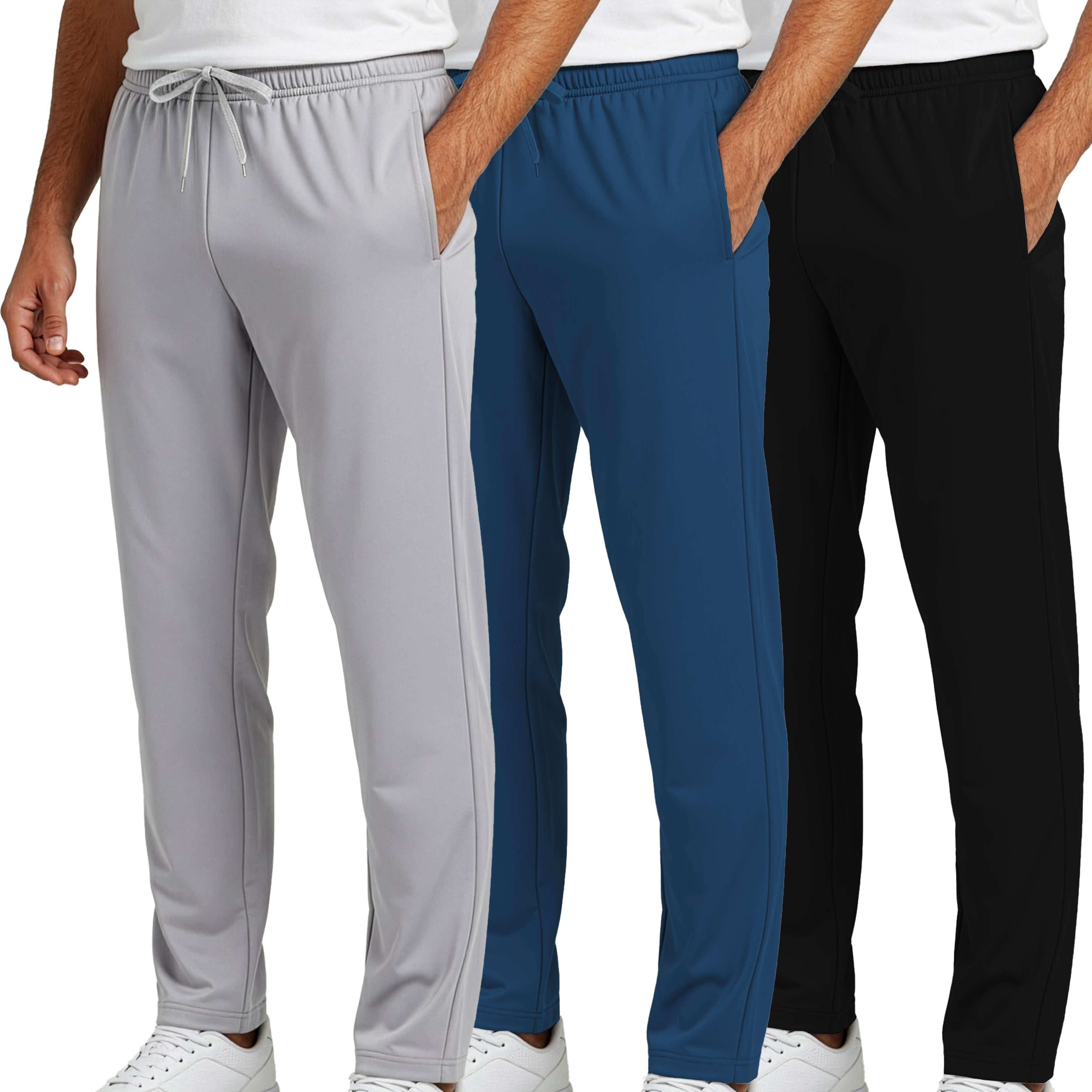 3 Pack: Mens Active Athletic Casual Tricot Open Bottom Sweatpants with Pockets (Available in Big & Tall)