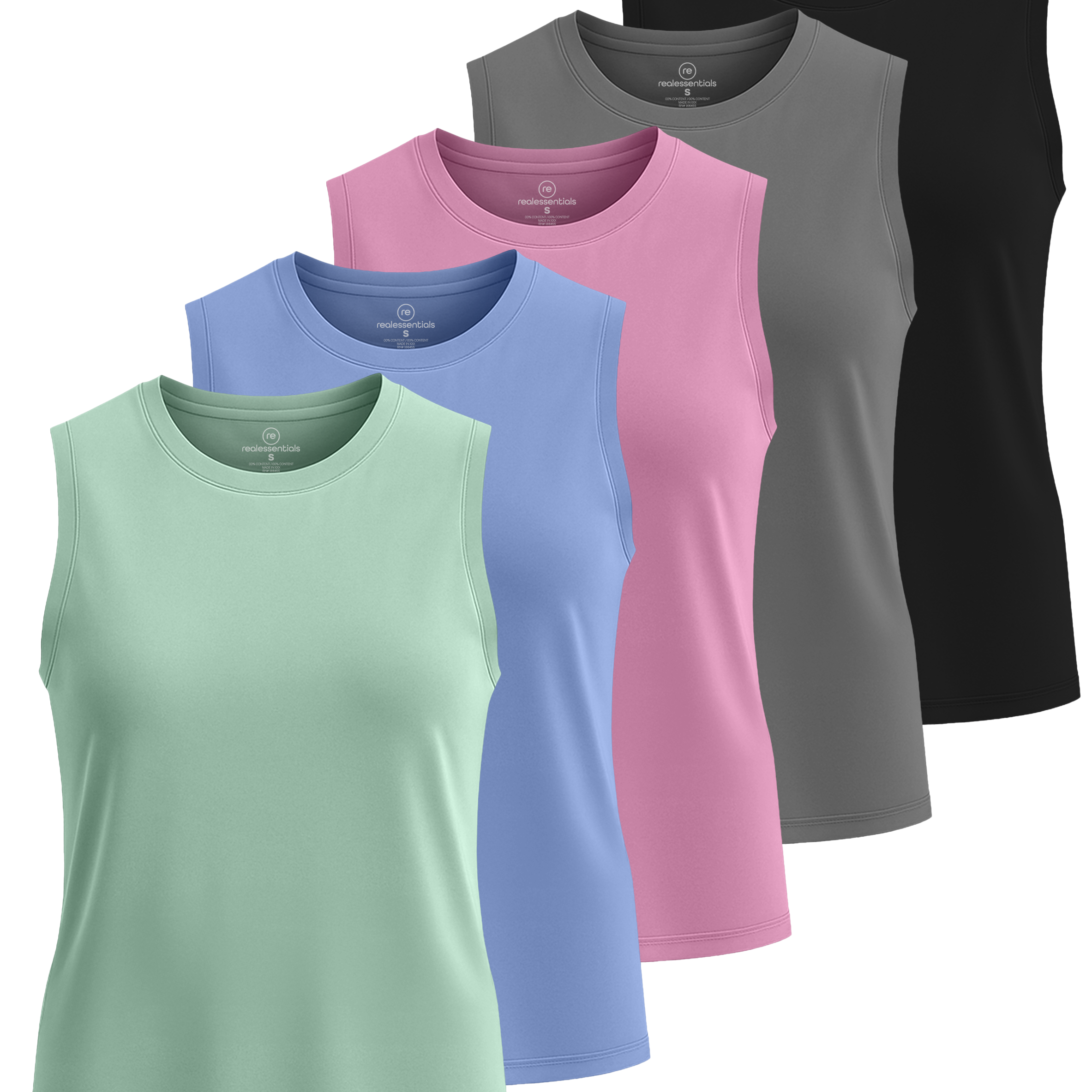 Real Essentials 5 Pack: Women's Dry-Fit Tank Top - Racerback Sleeveless T-Shirt Athletic Workout Gym Shirt (Plus Available)