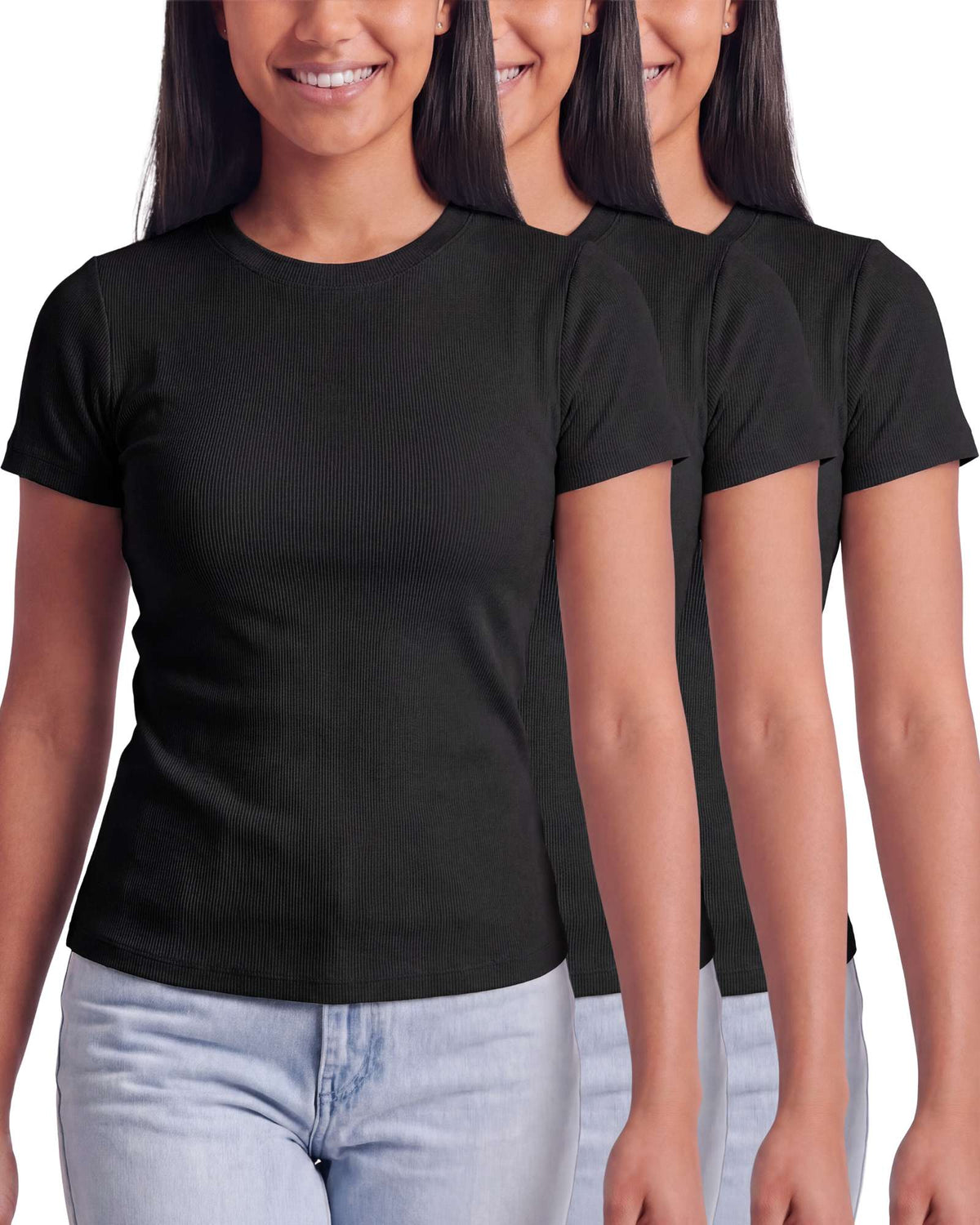 Real Essentials 3 Pack Women's Cotton Ribbed Tshirts Short Sleeve Crew Neck Tees Basic Tops - Solid Black, Solid Black, Solid Black