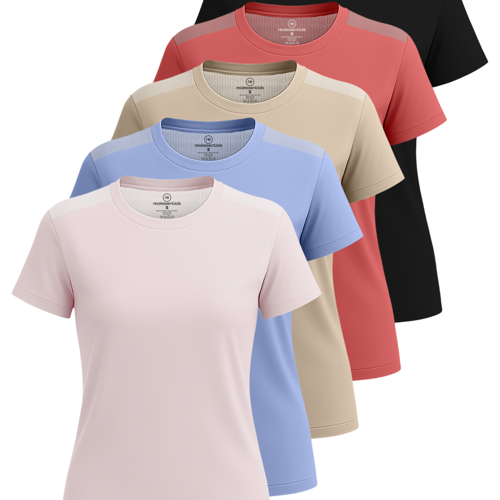 Real Essentials 5 Pack: Women's Short Sleeve Mesh Insert T-Shirts Athletic Tops Gym Workout Yoga Tennis Activewear (Plus)
