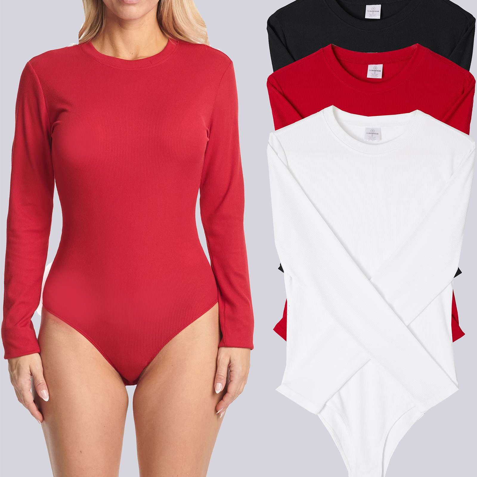 3 Pack: Women's Long Sleeve Ribbed Bodysuit