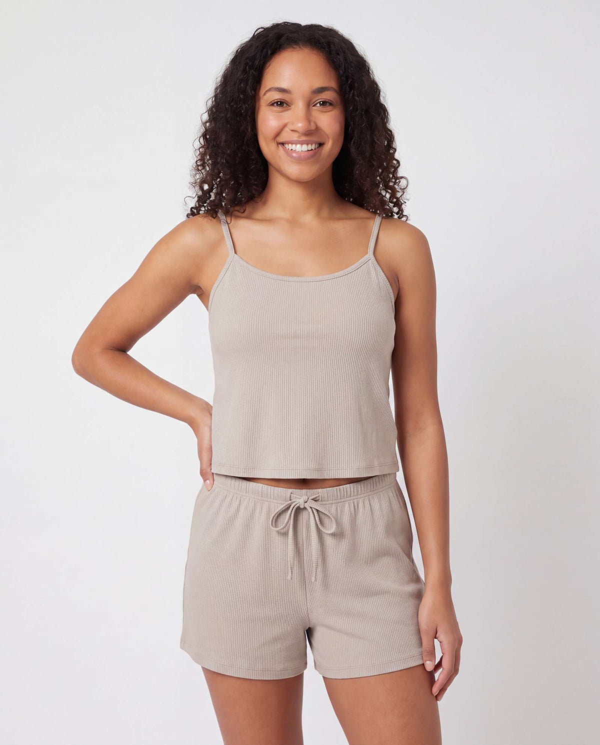 Real Essentials 2 Pack Women's Pajama Sets 2 Piece Ribbed Cropped Cami Shorts Sleepwear PJs - Solid Chocolate Torte, Solid Moonbeam