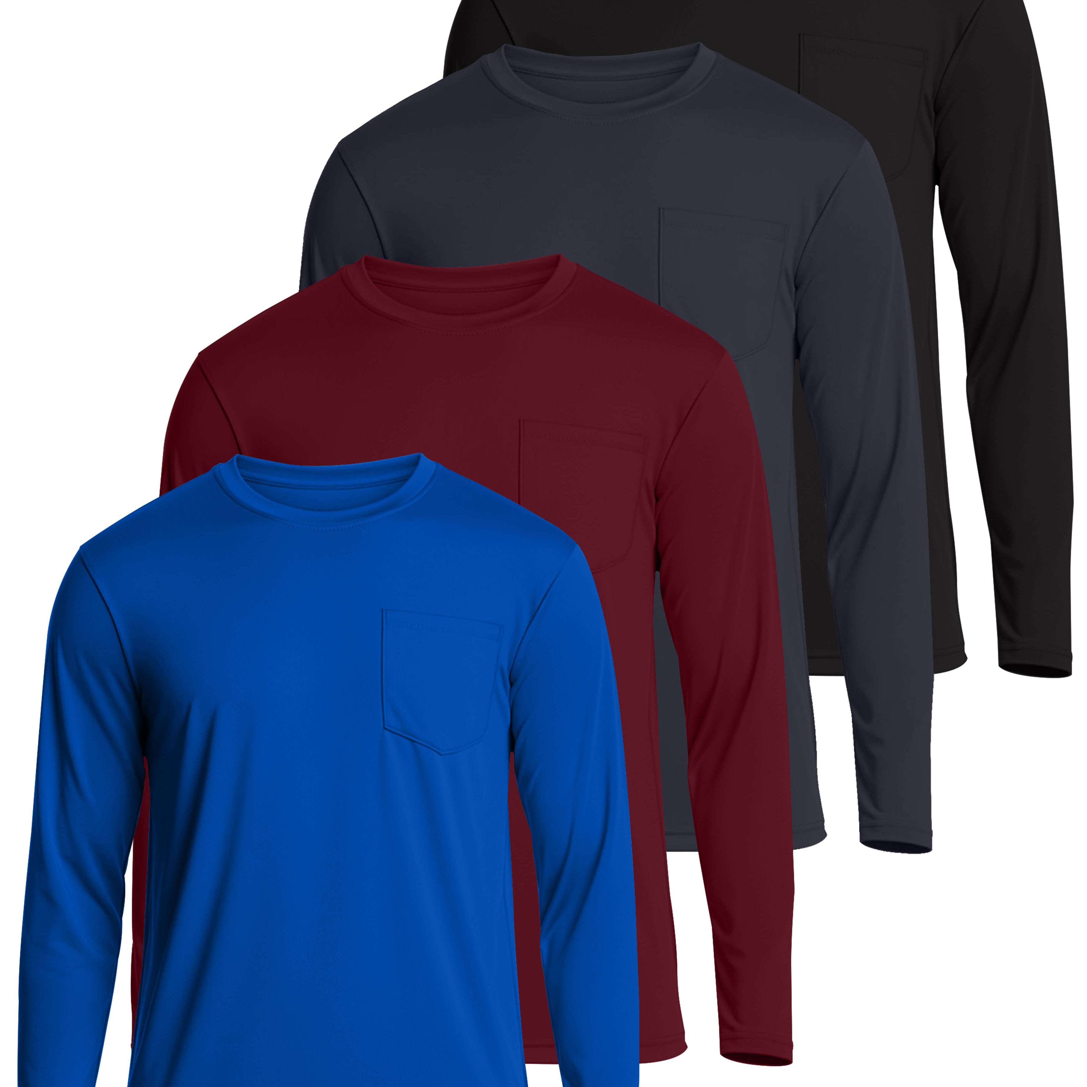 4 Pack: Mens Dry-Fit Long Sleeve Pocket Crew T-Shirt