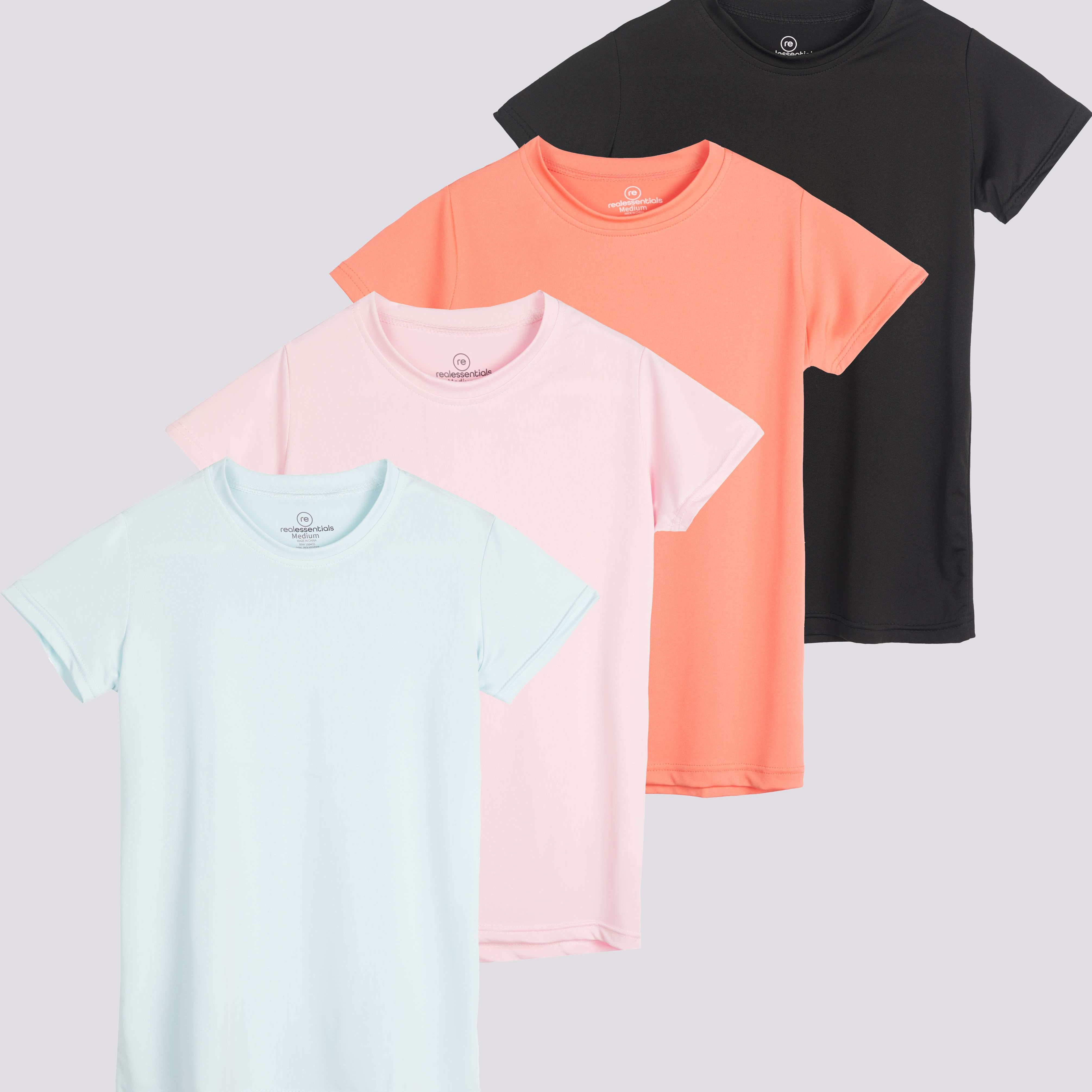 4 Pack: Girls Short Sleeve Dry-Fit Crew Neck Active T-Shirt