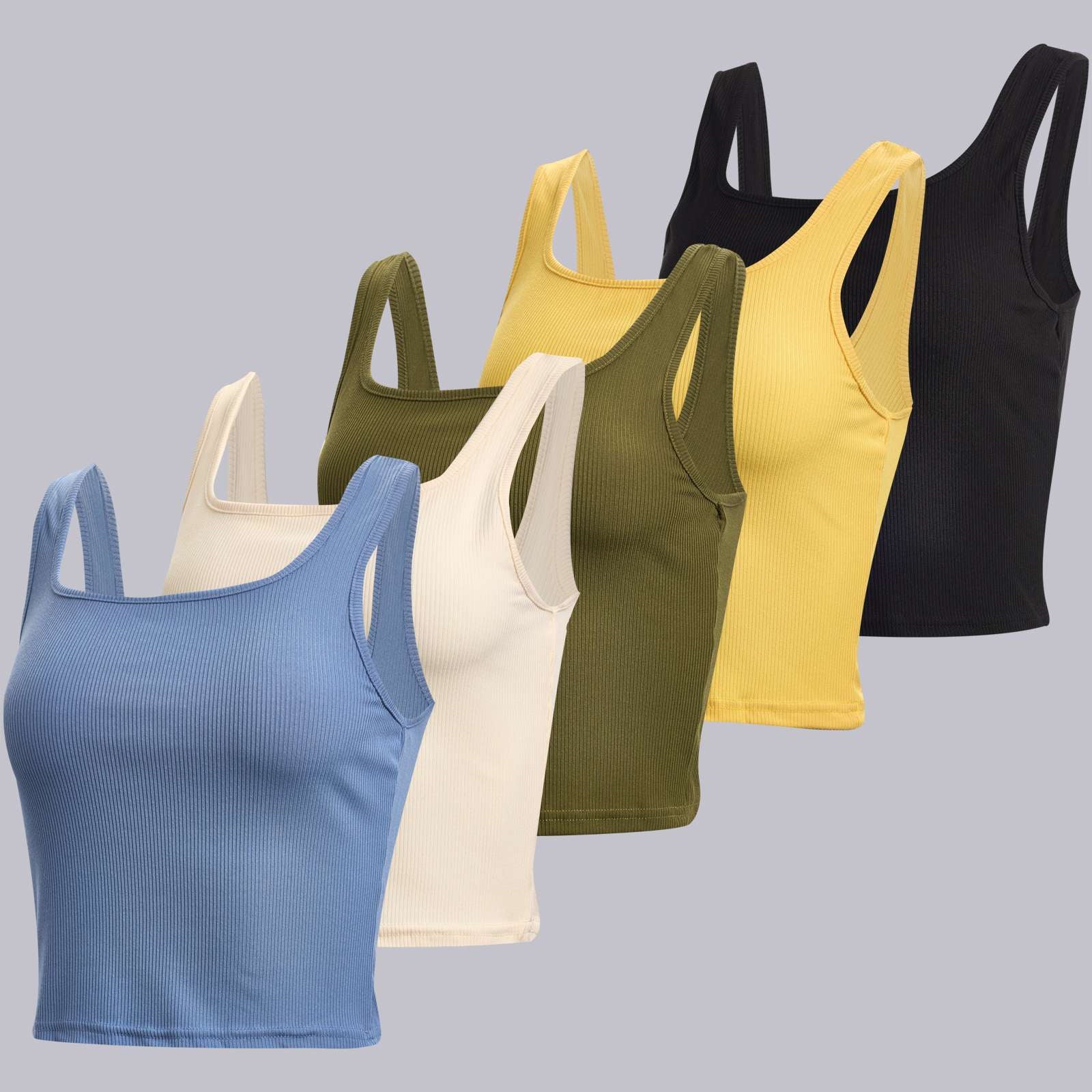 Real Essentials 5 Pack: Women's Soft Knit Ribbed Square Neck Cropped Tank Top - Sleeveless Crop Tops