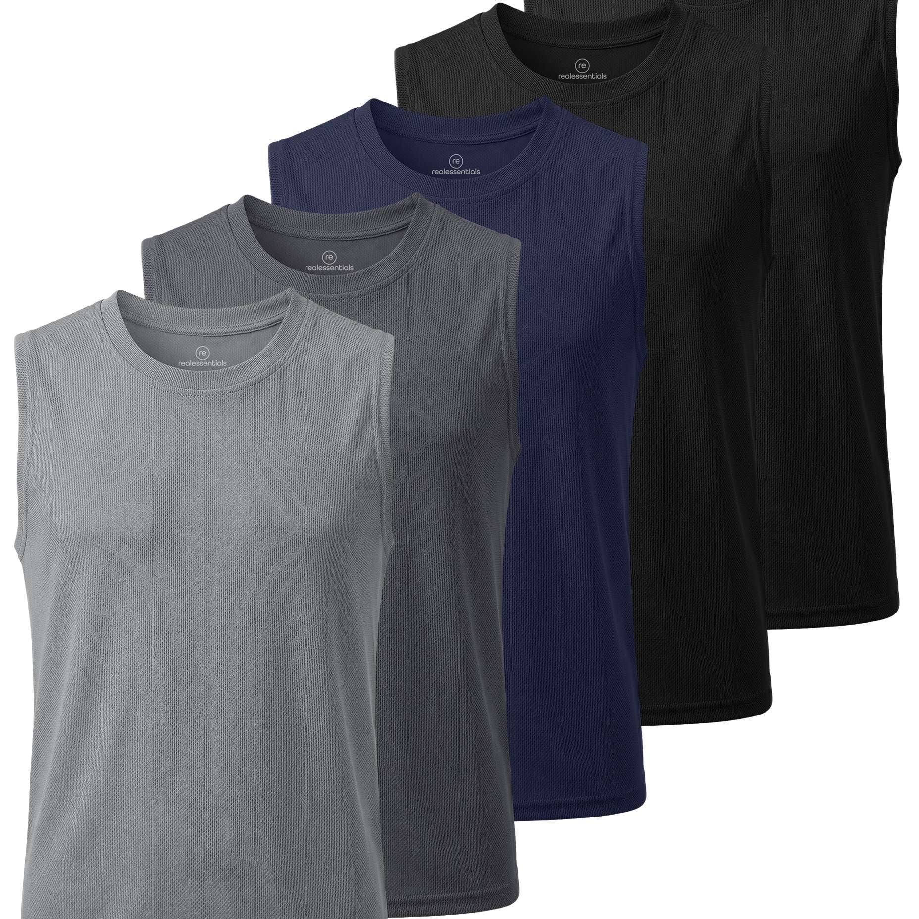 Real Essentials 5 Pack: Boys Mesh Active Tank Tops Athletic Workout Sleeveless Muscle Basketball Sports Dry Fit Teen