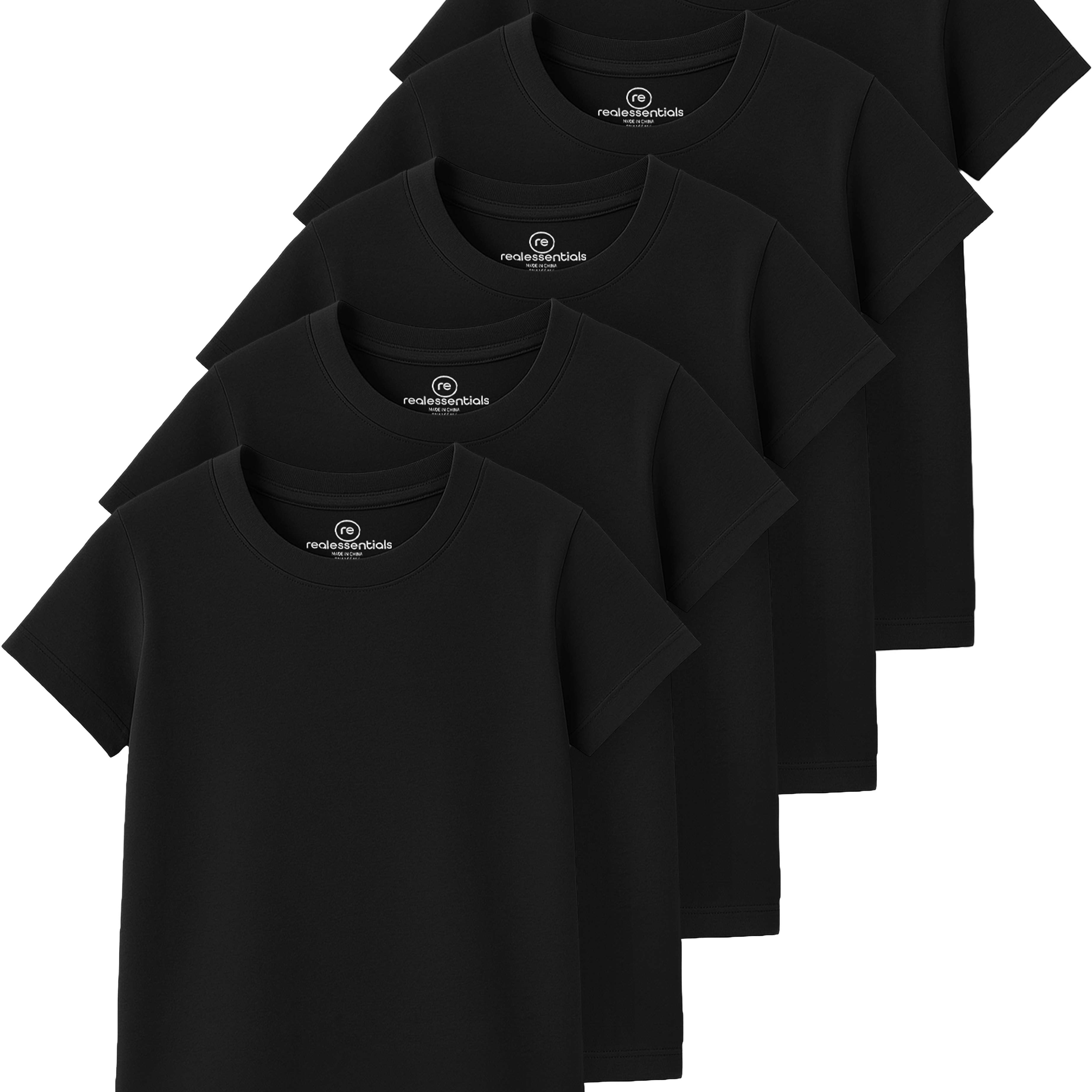 Real Essentials 5 Pack: Girls' Cotton Short Sleeve Crew Neck T-Shirt - Athletic Tee Shirt for Teens Kids Youth (Ages 4-16)