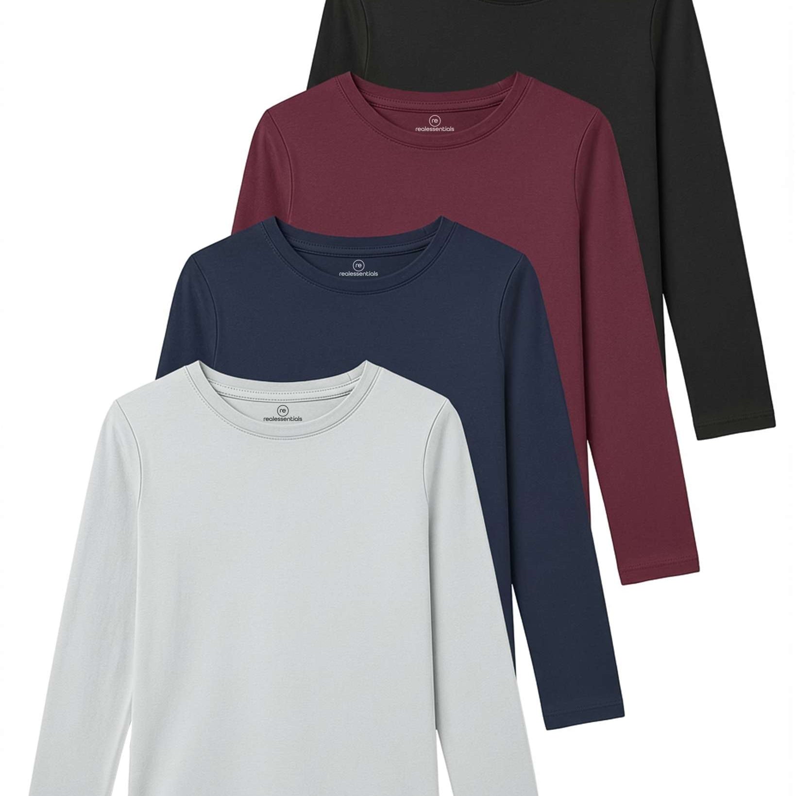 4 Pack: Girls Cotton Long Sleeve T Shirts Teens Tops Athletic Tee Plain Basic Multipack Youth Kids