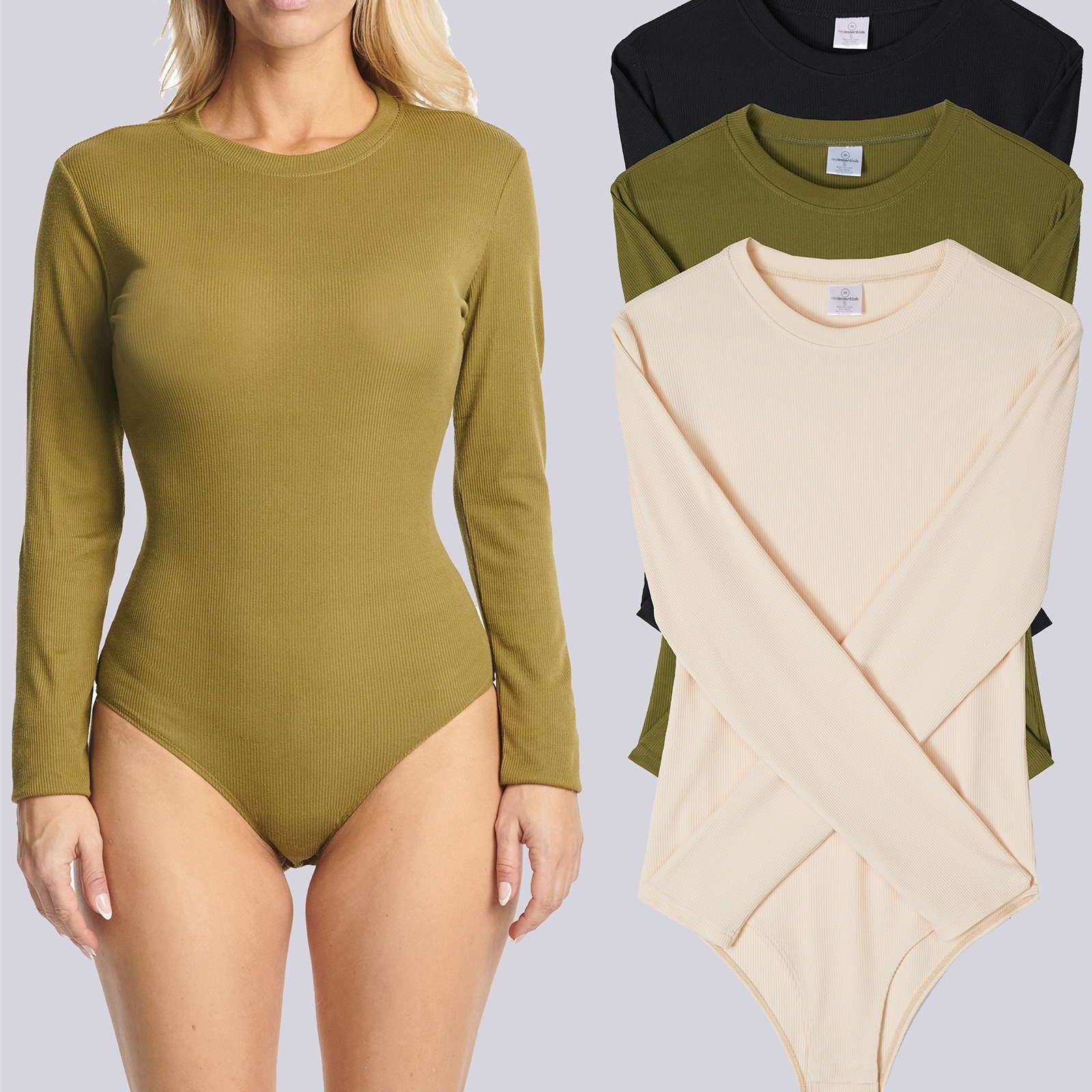 3 Pack: Women's Long Sleeve Ribbed Bodysuit
