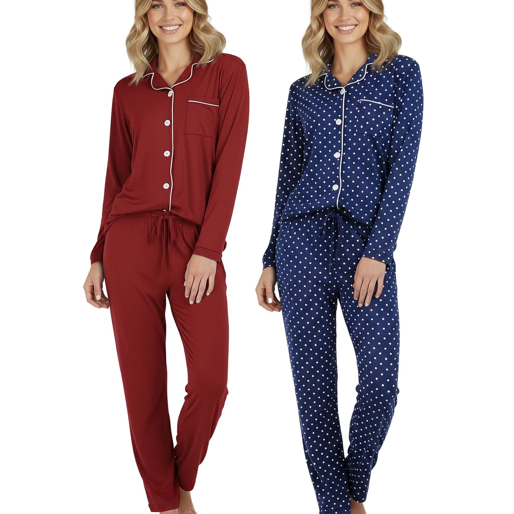 4 Piece: Women’s Long Sleeve Button Down Pajama Set