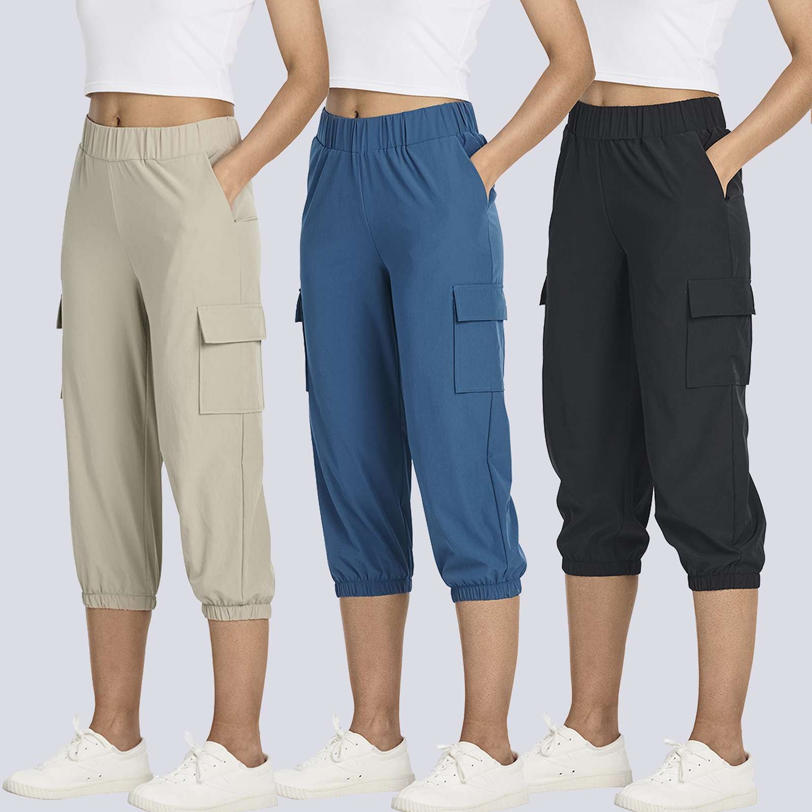 3 Pack: Women's Woven Cargo Capri Jogger Pants