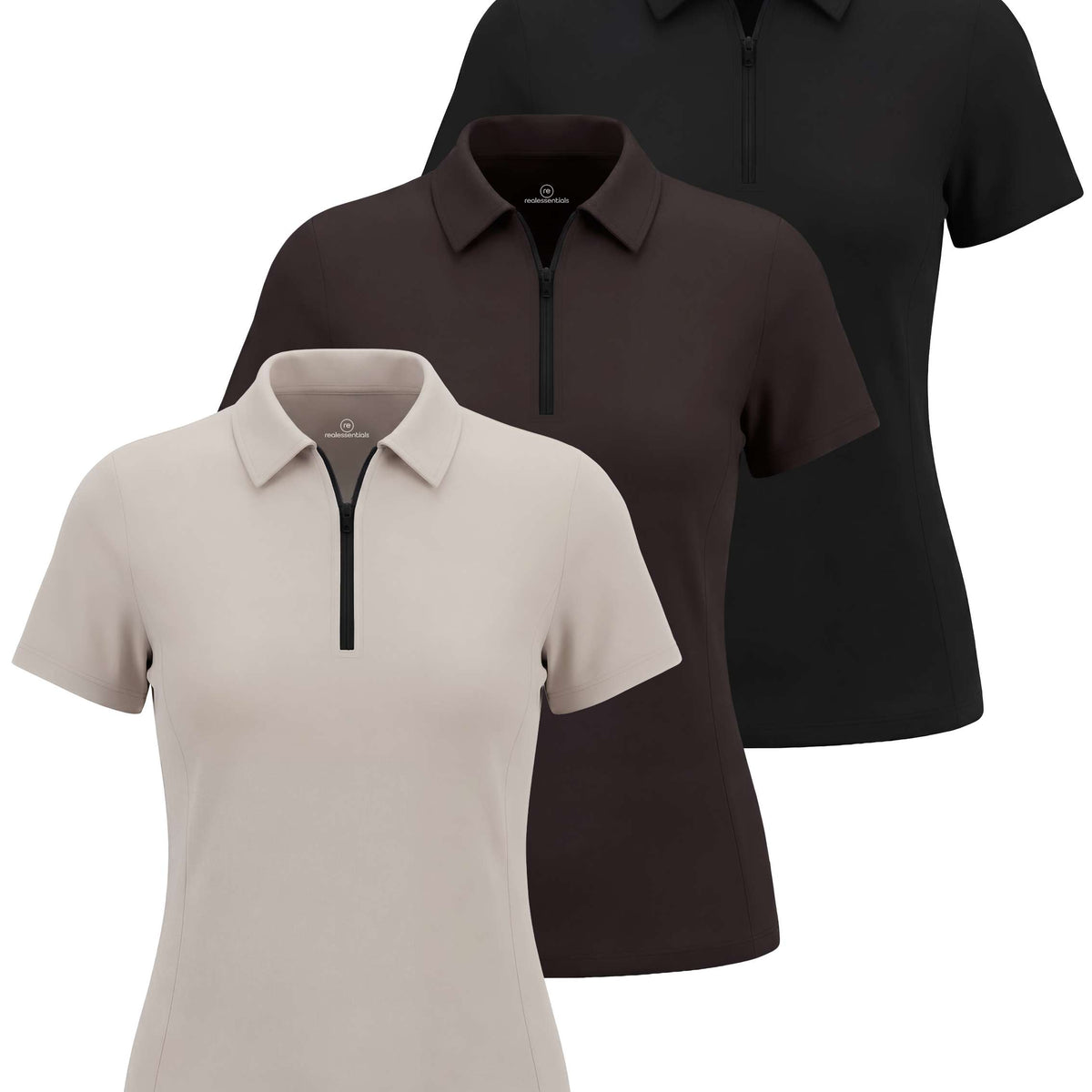 Real Essentials 3 Pack Women's Dry Fit Golf Polo Shirts with Zipper Short Sleeve Collared - Solid Black, Solid Chocolate Torte, Solid Moonbeam