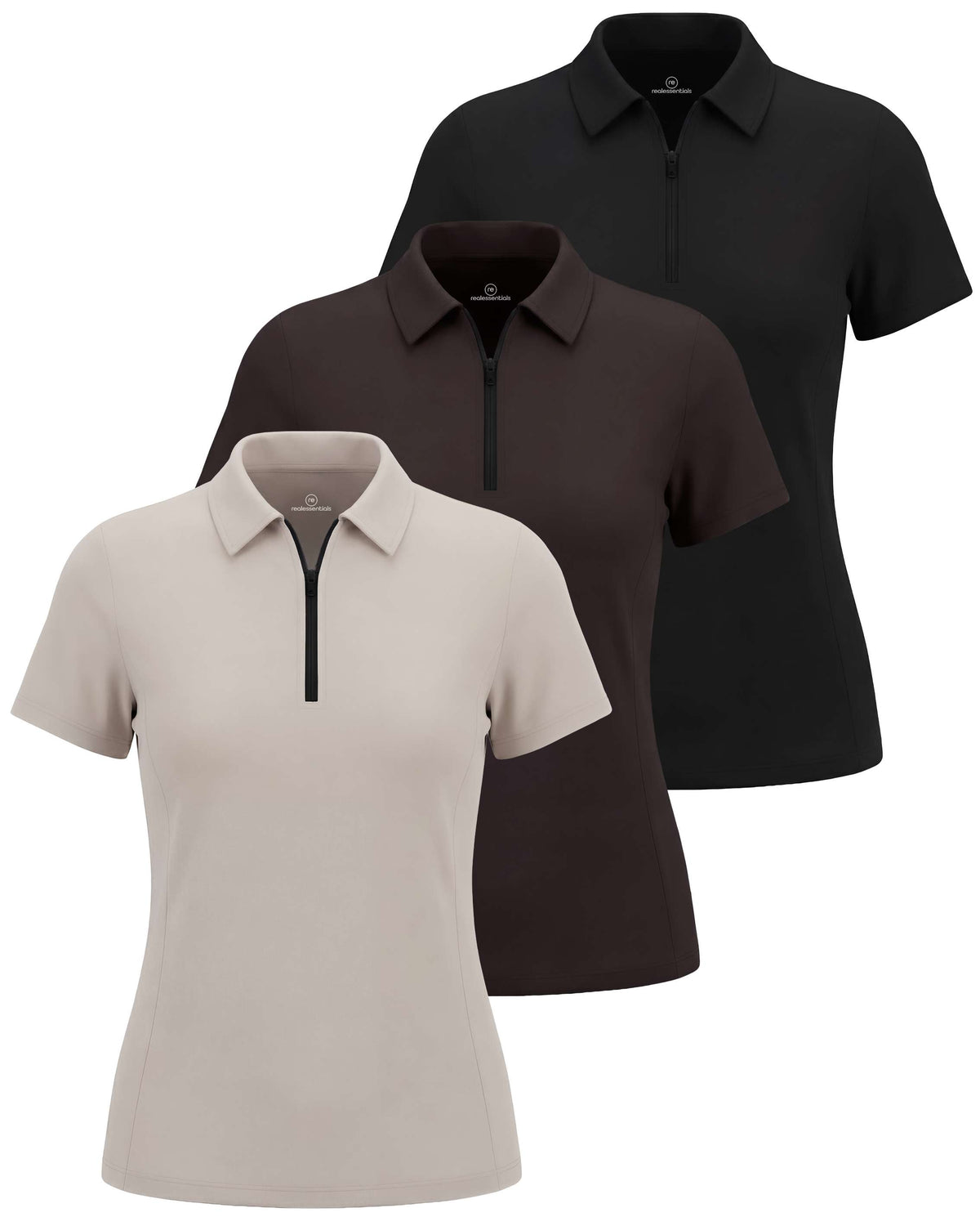 Real Essentials 3 Pack Women's Dry Fit Golf Polo Shirts with Zipper Short Sleeve Collared - Solid Black, Solid Chocolate Torte, Solid Moonbeam