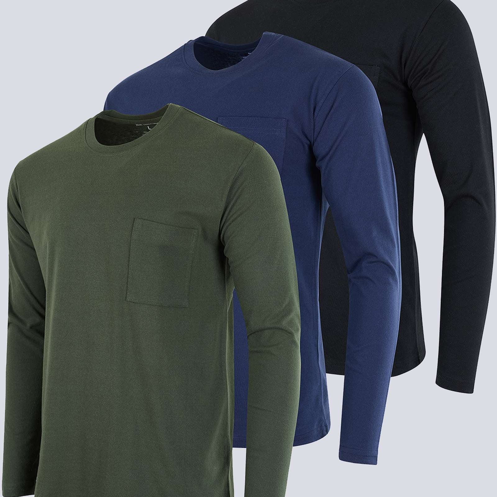 3 Pack: Mens Cotton Long Sleeve Crew Neck Pocket T-Shirt