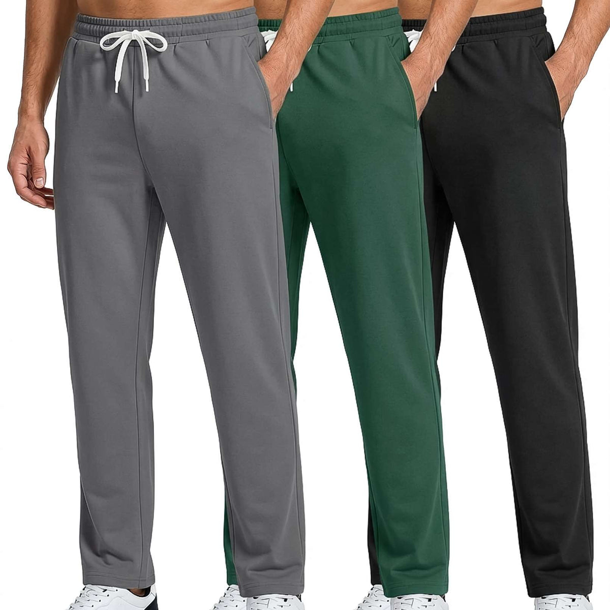 Real Essentials 3 Pack: Men's French Terry Open Bottom Sweatpants - Casual Lounge Comfort Gym with Pockets