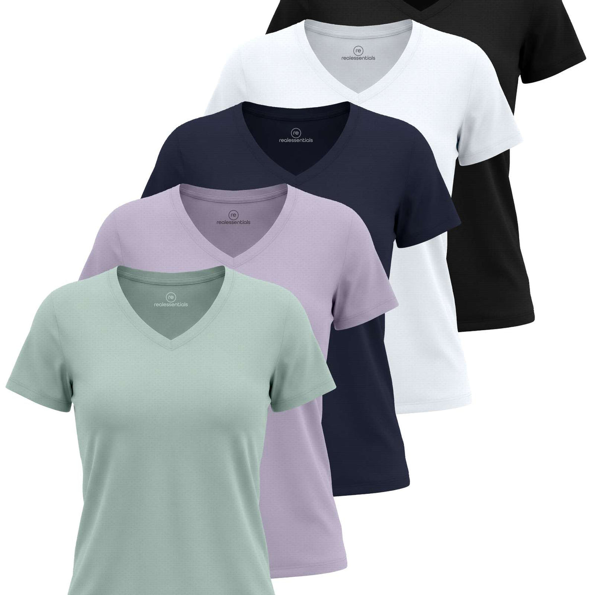 Real Essentials 5 Pack Women's V Neck Tshirts Short Sleeve Dry Fit Workout Tops Tees Shirts - Solid Black, Solid Bright White, Navy Blazer, Solid Orchid Petal, Solid Surf Spray