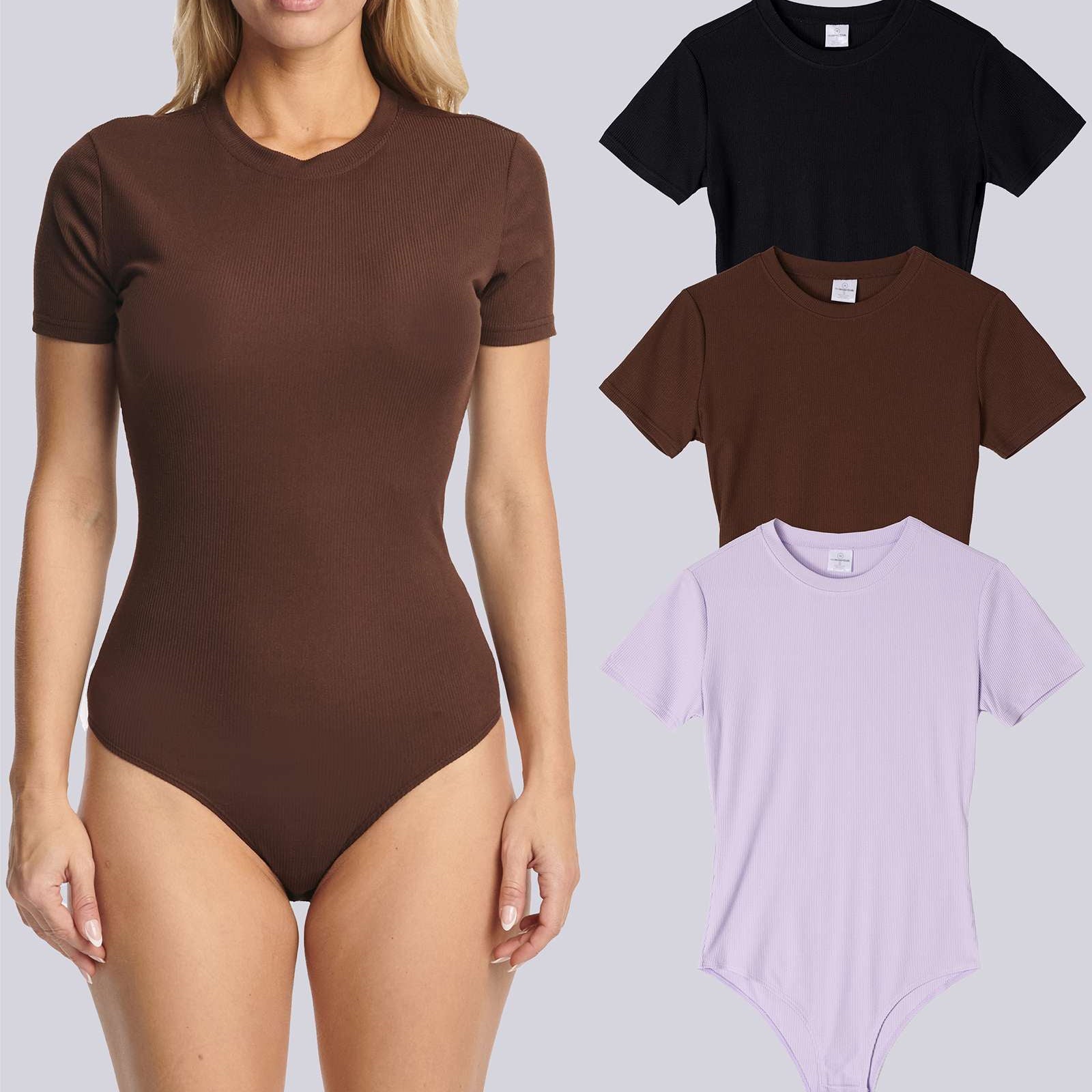 3 Pack: Women's Round Neck Short Sleeve Ribbed Shapewear Bodysuit Shirt Tops (Available in Plus Size)