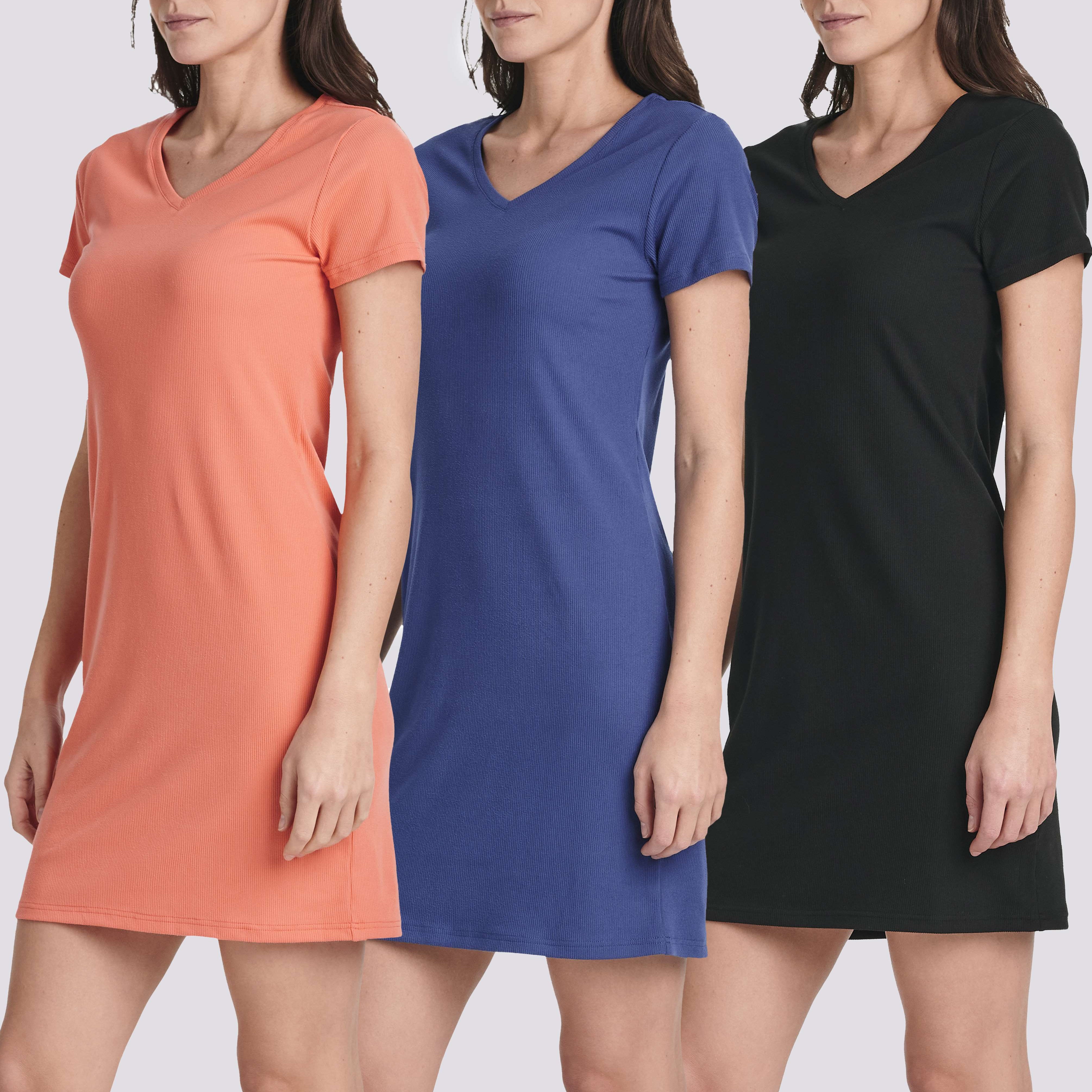 3 Pack: Women's Ribbed Knit Short-Sleeve V-Neck Swing Dress