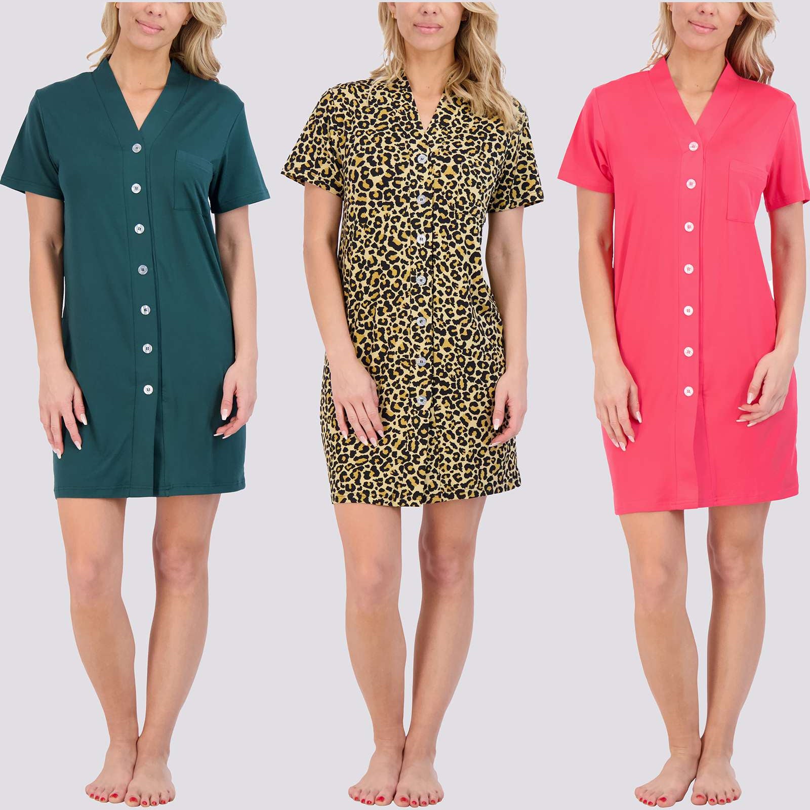 3 Pack: Women's Short Sleeve Button-Down Nightshirt