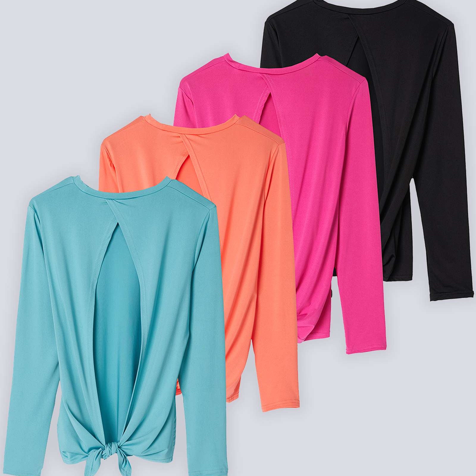 4 Pack: Women's Long-Sleeve Tie Back T-Shirt (Available in Plus Size)