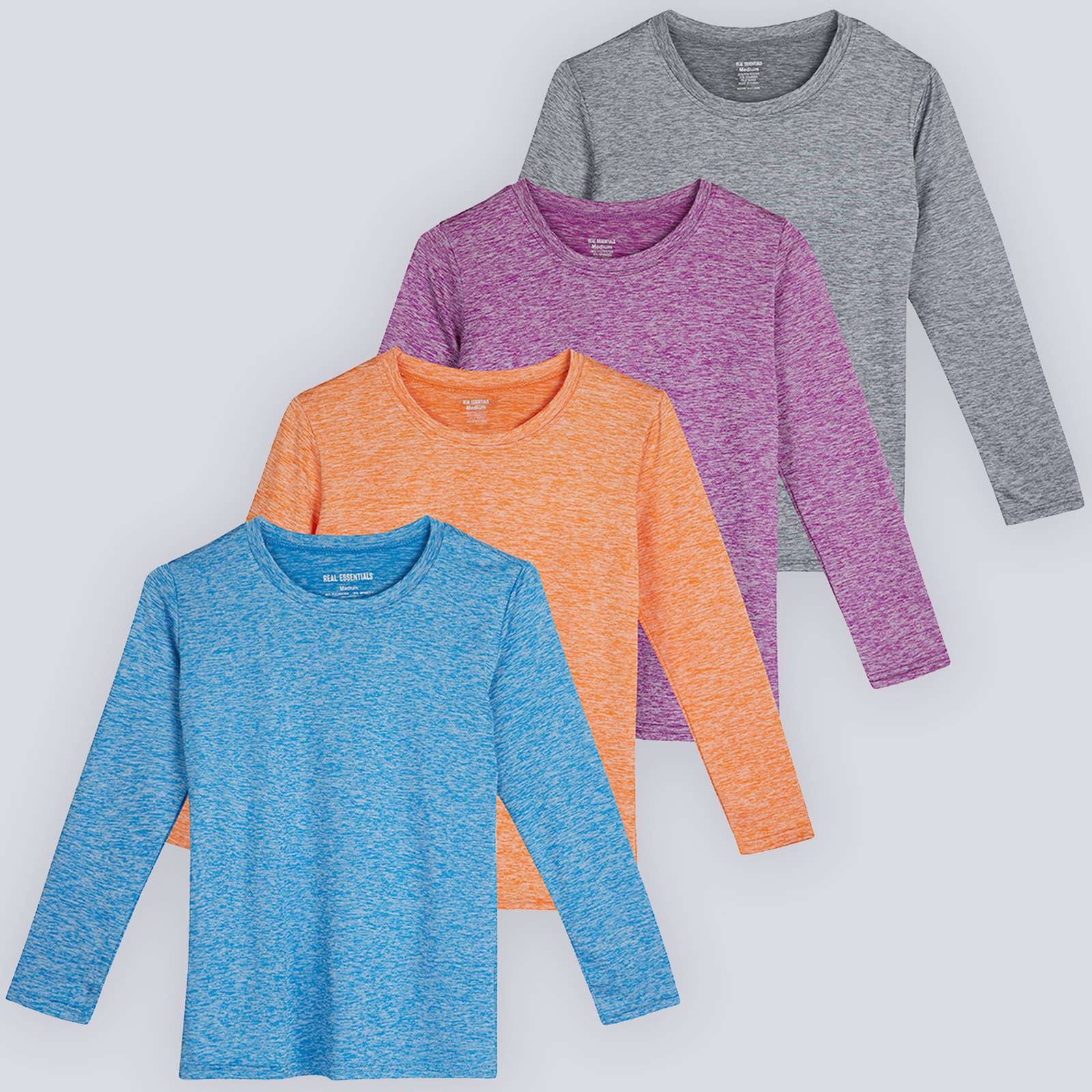 4 Pack: Girls Dry-Fit Long Sleeve Active Crew Neck T-Shirt