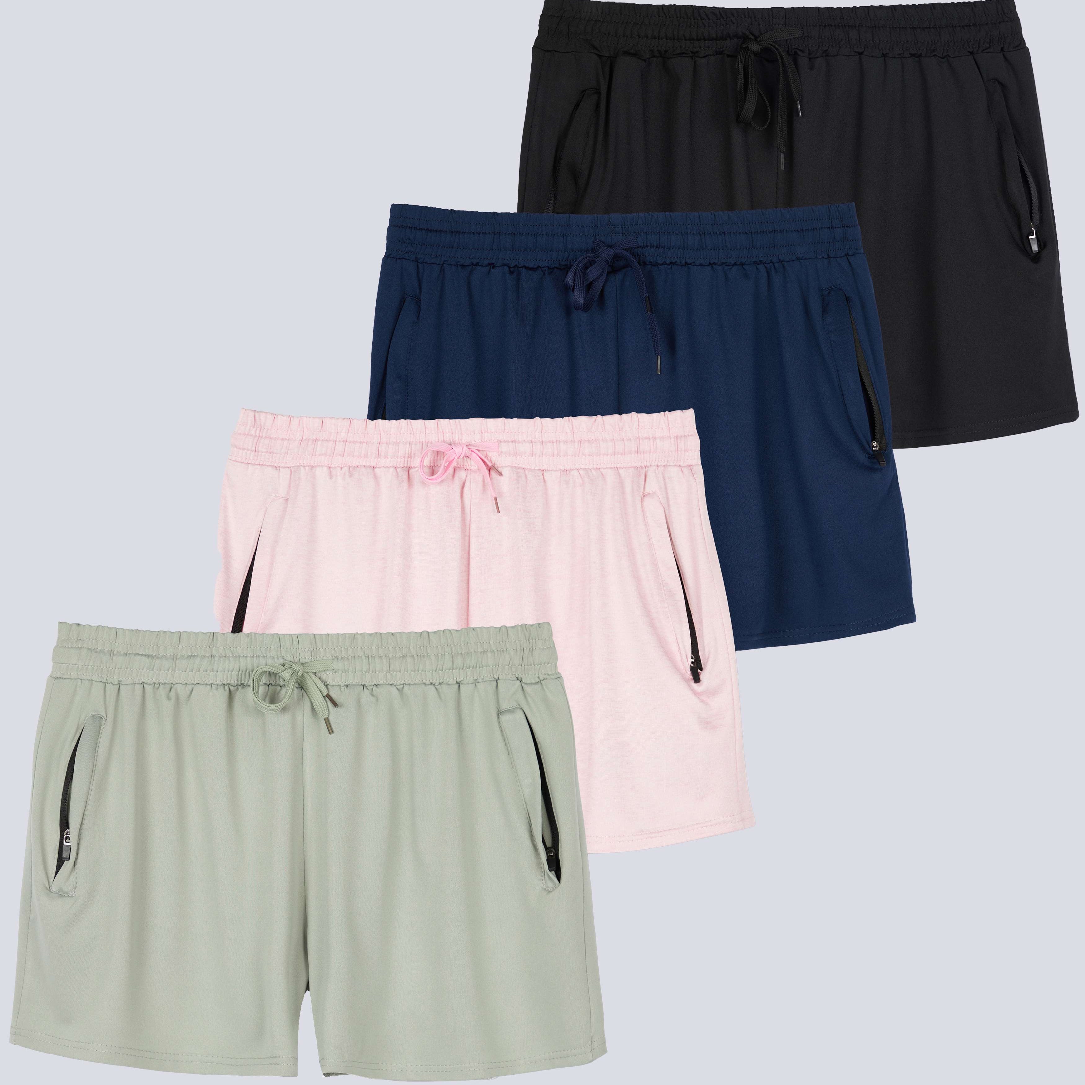 4 Pack: Womens Active Dry-Fit Shorts with Zipper Pockets