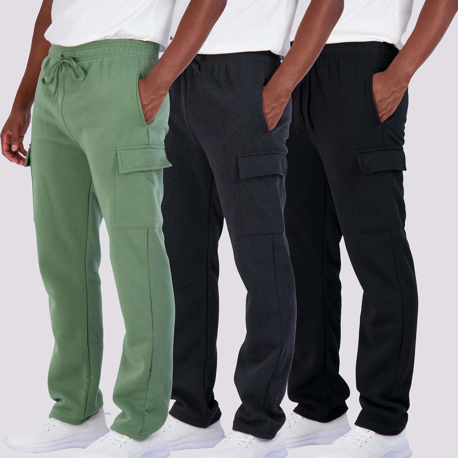 3 Pack: Mens Fleece Cargo Open Bottom Sweatpants