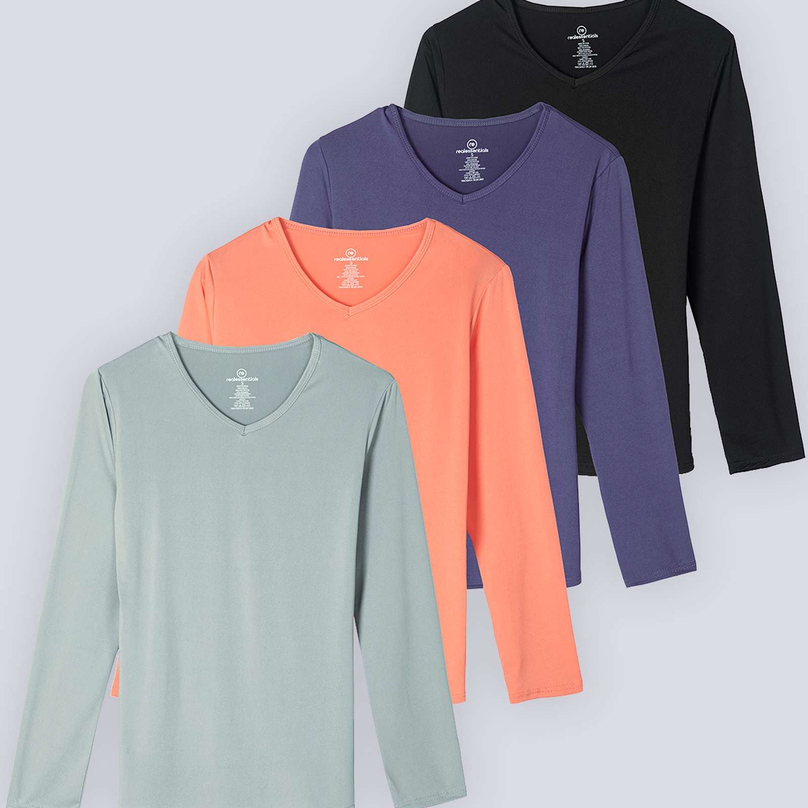4 Pack: Women's Dry-Fit Long-Sleeve V-Neck Athletic Workout Shirt (Available in Plus Size)