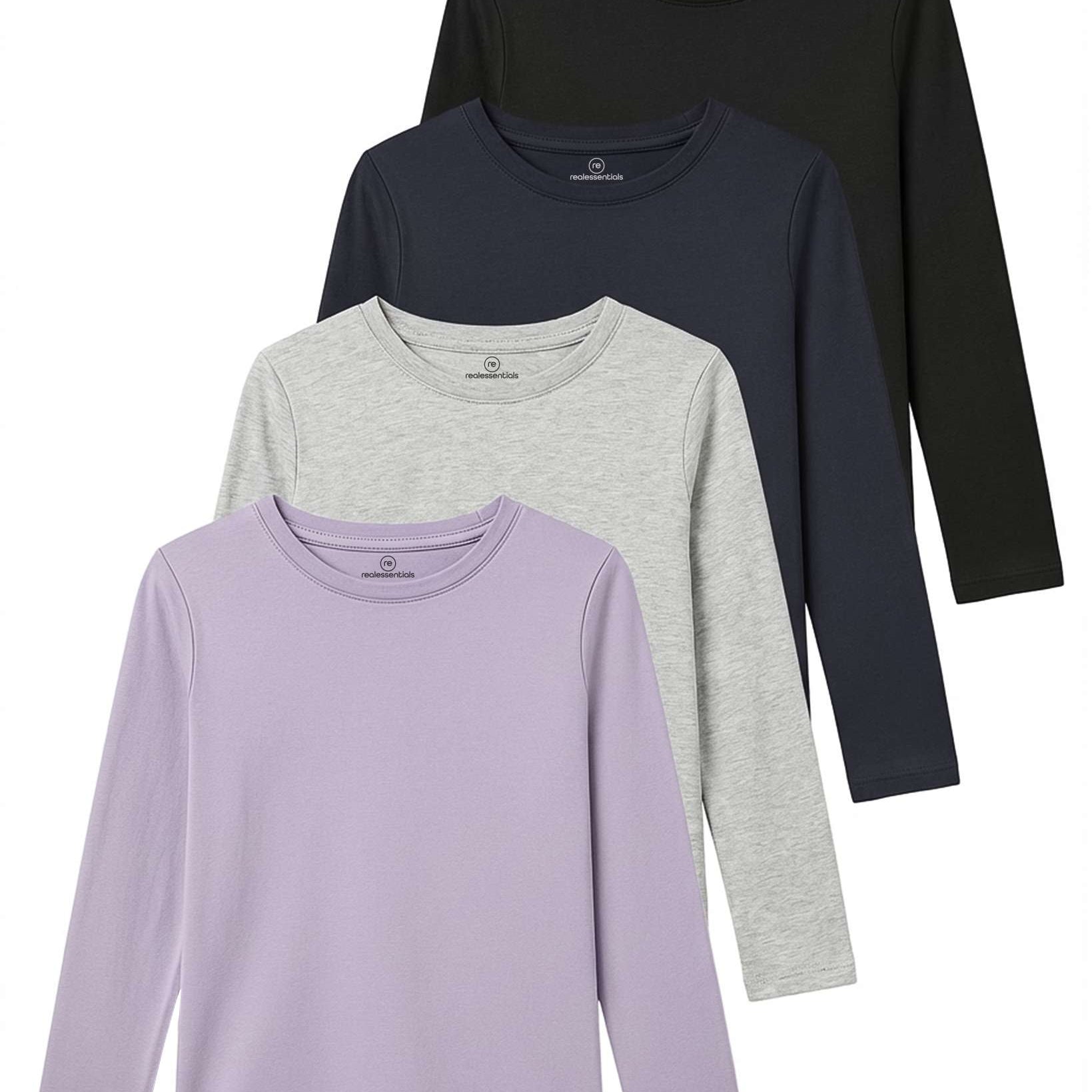 4 Pack: Girls Cotton Long Sleeve T Shirts Teens Tops Athletic Tee Plain Basic Multipack Youth Kids