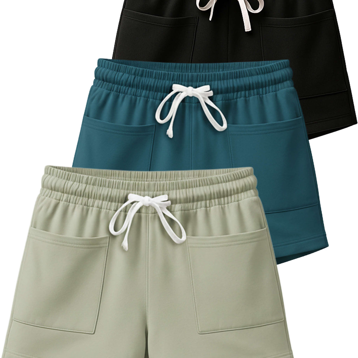 Real Essentials 3 Pack Women's French Terry Shorts Sweatshorts Lounge Gym Square Pockets - Set 4