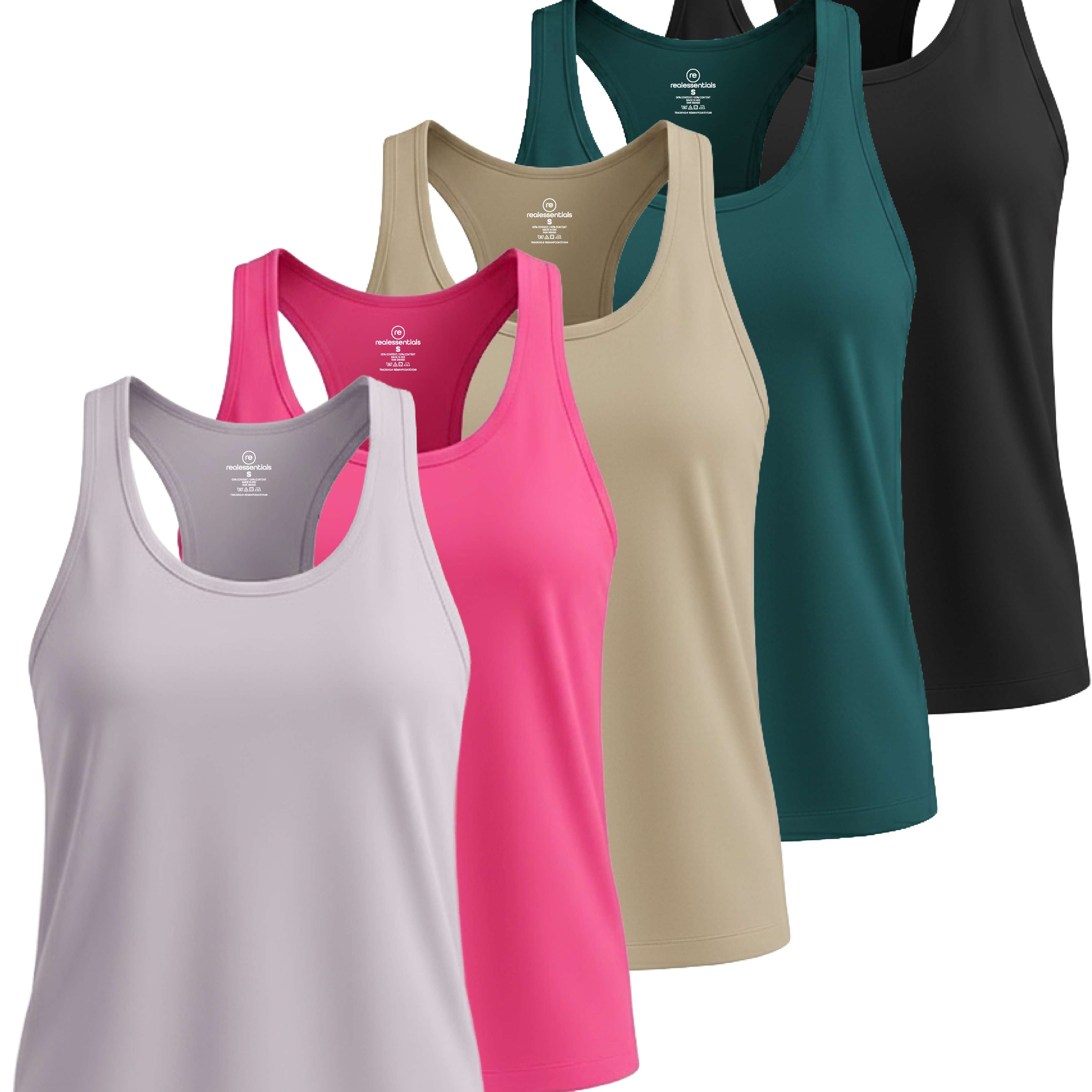 Real Essentials 5 Pack: Women's Dry Fit Tank Top - Racerback Sleeveless Workout Athletic Gym Shirt (Available in Plus)