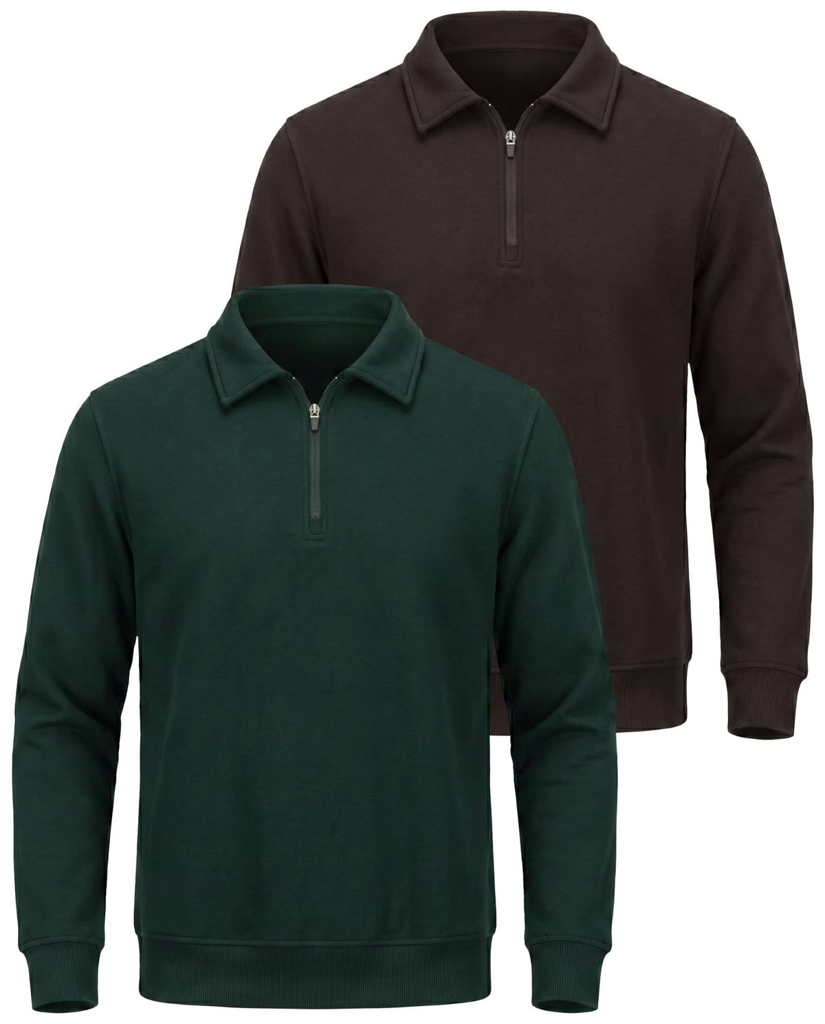 Real Essentials 2 Pack Mens Fleece Quarter Zip Sweatshirt Sweater Collared Long Sleeve Top - Solid Chocolate Torte, Solid Pine Grove
