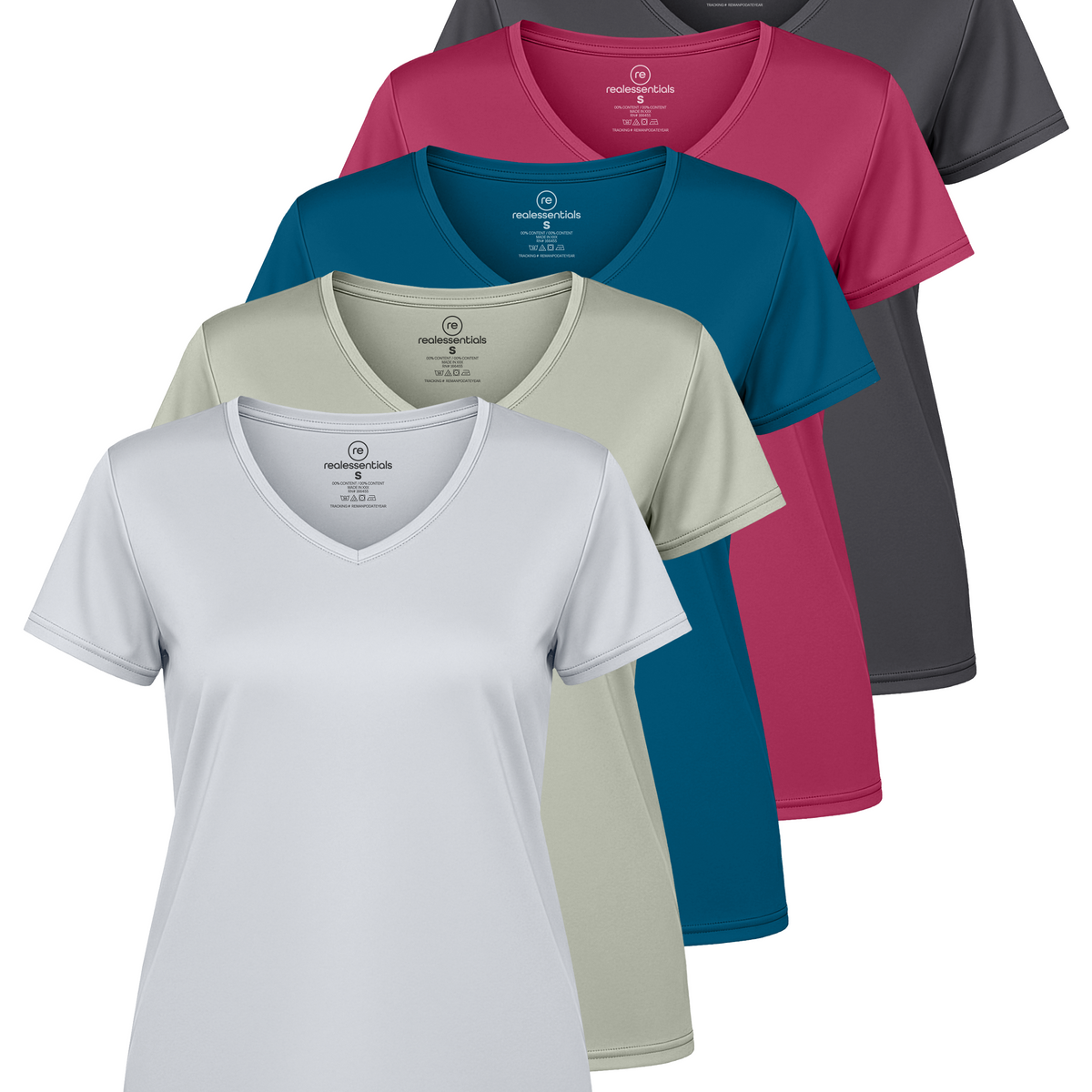 Real Essentials 5 Pack Womens Dry Fit V Neck Workout Tops Athletic T Shirts Gym Yoga Tees - Set 13