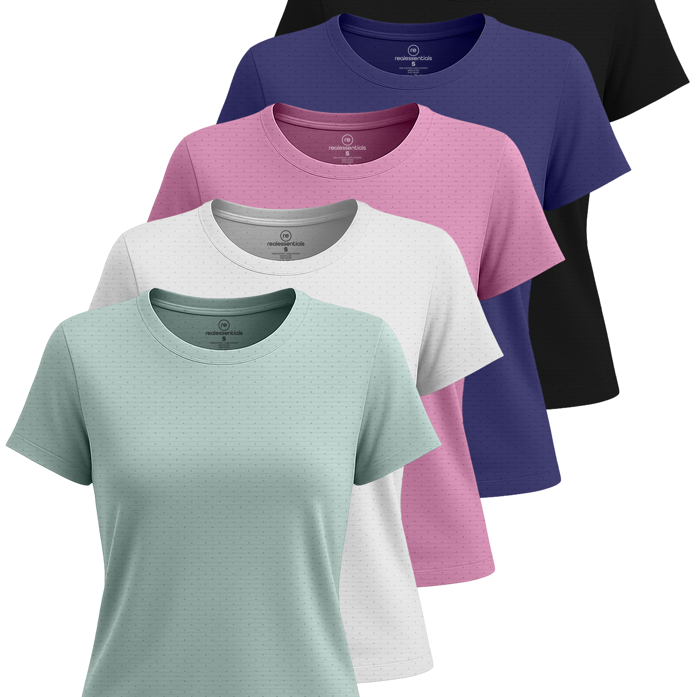 Real Essentials 5 Pack: Women's Breeze Tech Short Sleeve T-Shirts Athletic Tops Gym Workout Yoga Tennis Activewear (Plus)