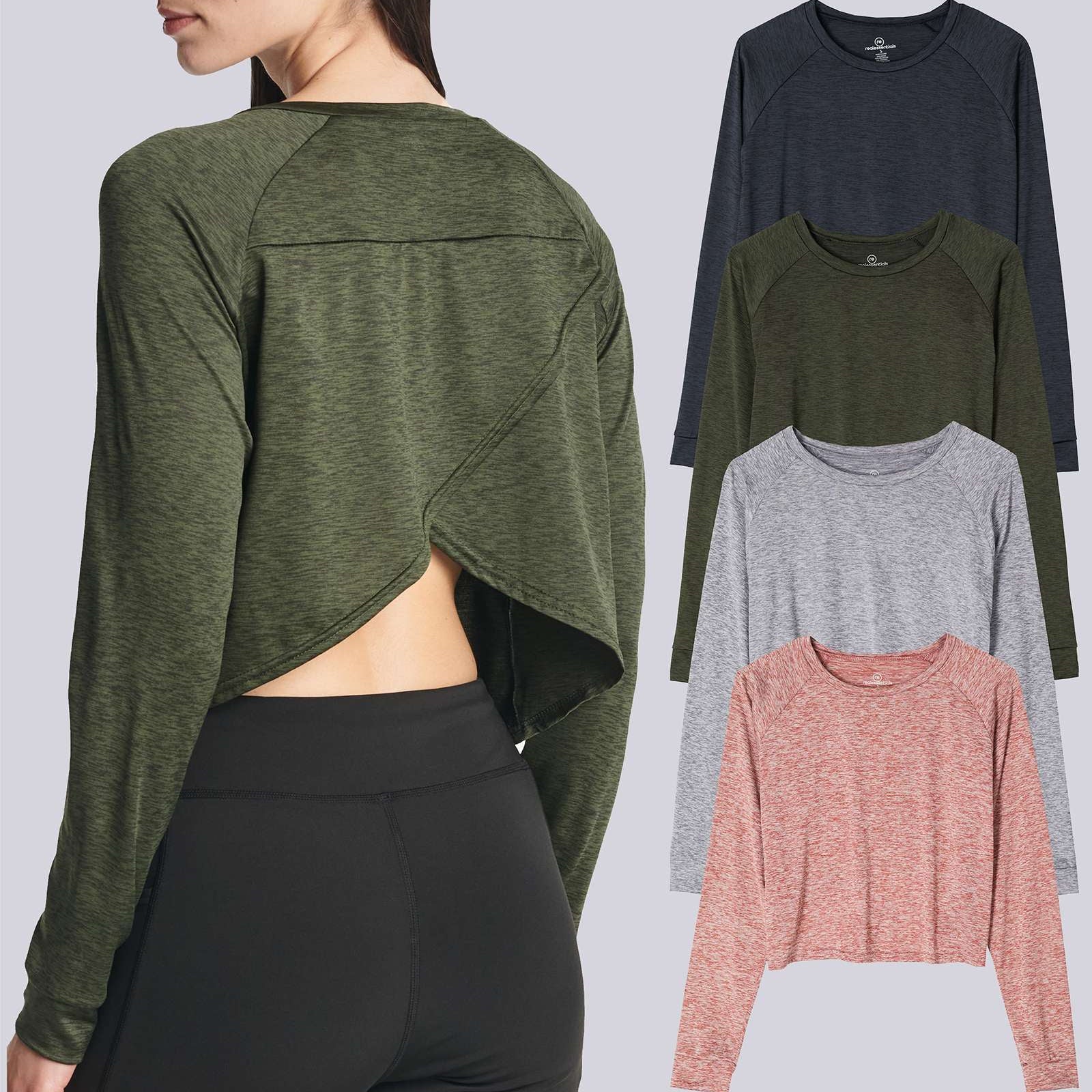 4 Pack: Women's Long Sleeve Petal Back Crop Top (Available in Plus Size)