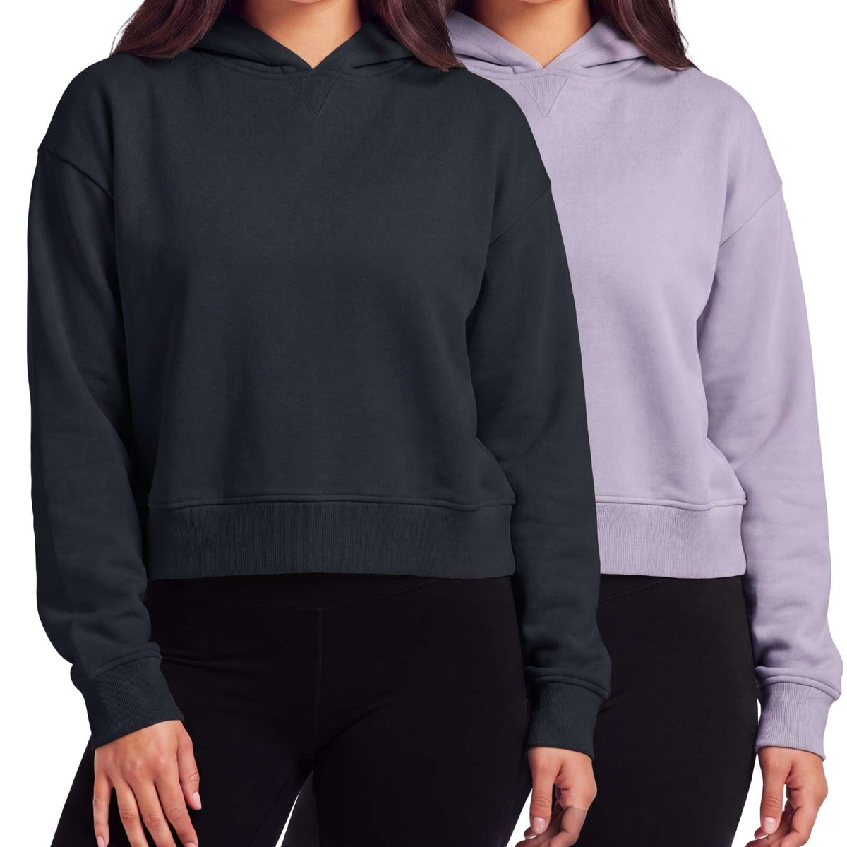 Real Essentials 2 Pack Women's Cropped Hoodies Crop Sweatshirt Ladies Fleece Pullover Top - Solid Polar Night, Solid Orchid Petal
