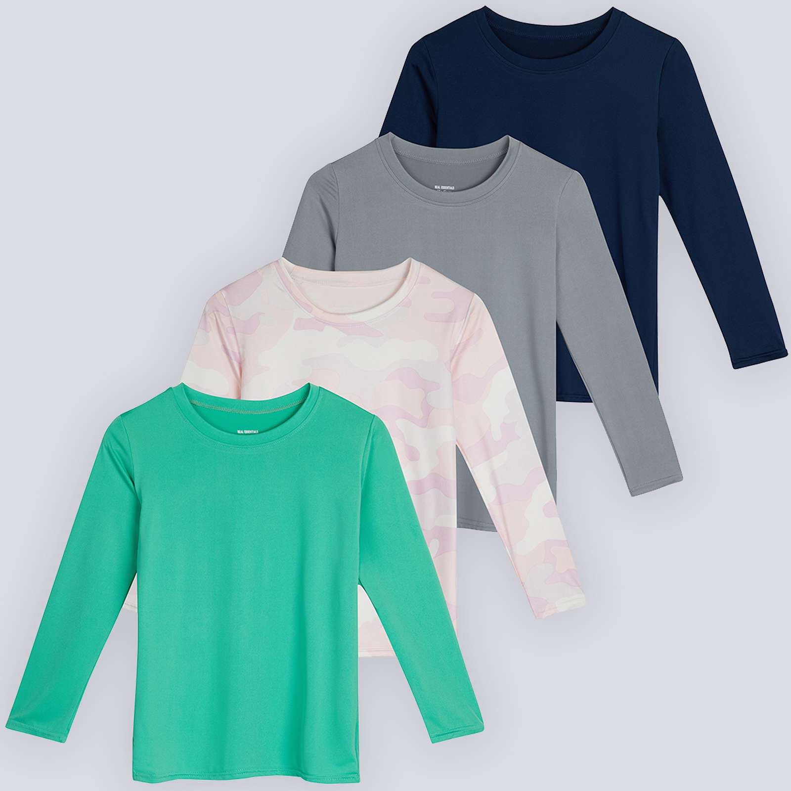 4 Pack: Girls Dry-Fit Long Sleeve Active Crew Neck T-Shirt