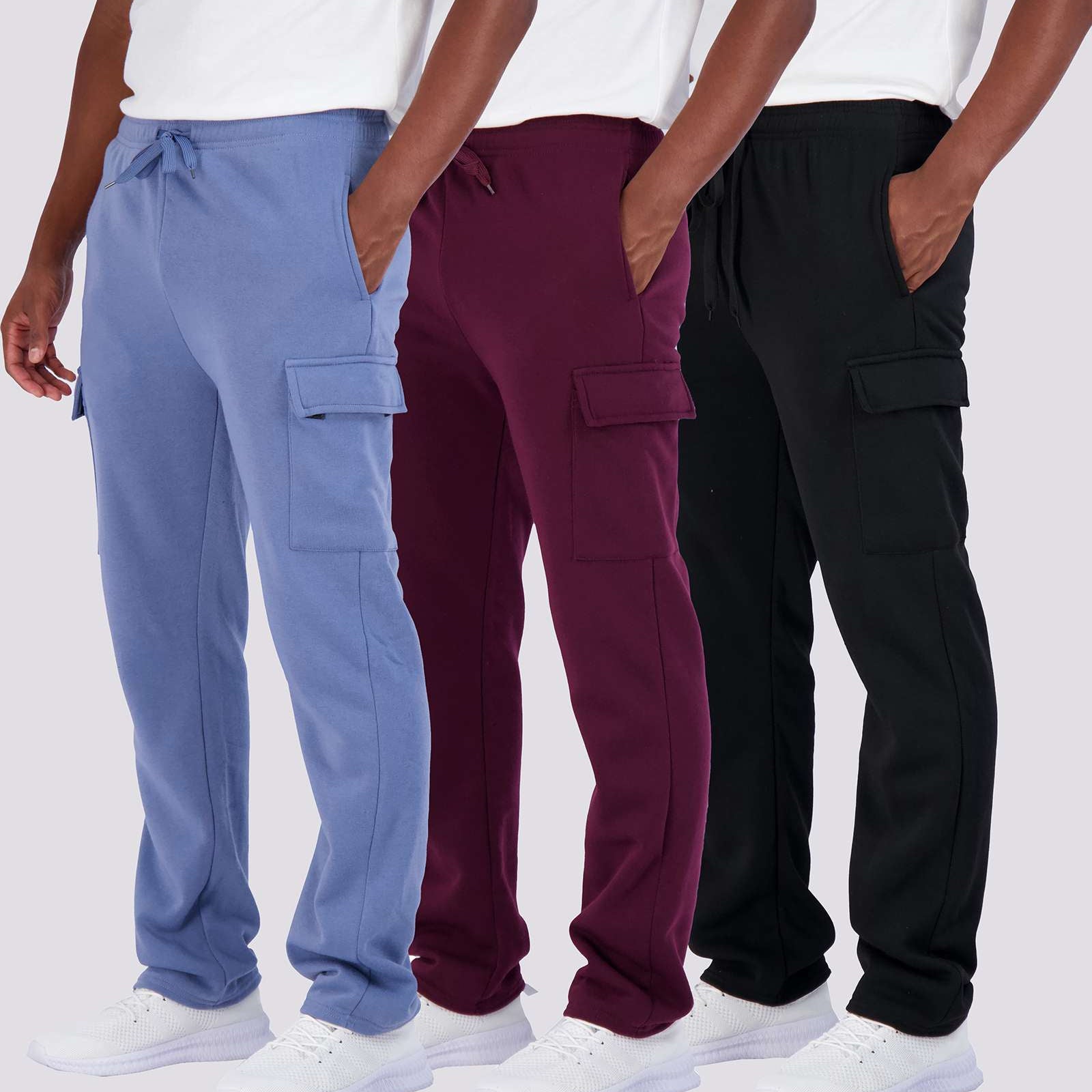 3 Pack: Mens Fleece Cargo Open Bottom Sweatpants