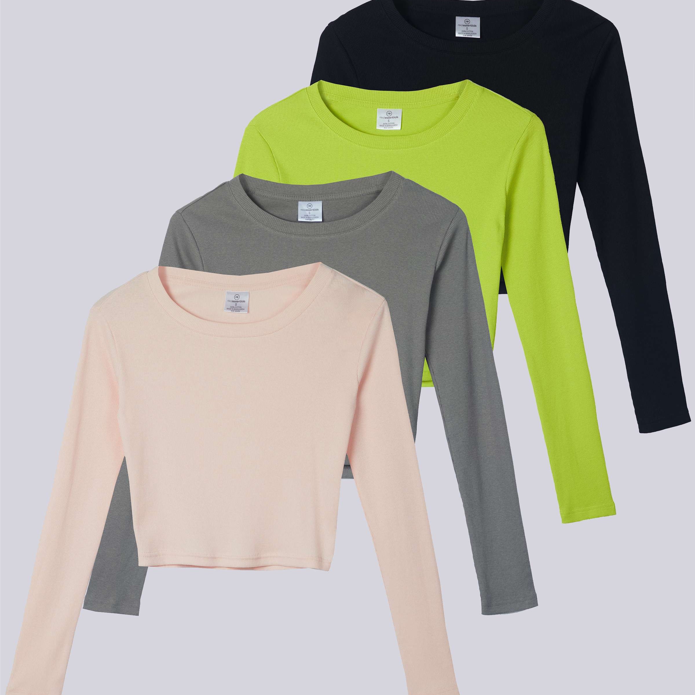 4 Pack: Women's Long Sleeve Ribbed Knit Crop Top (Available in Plus Size)